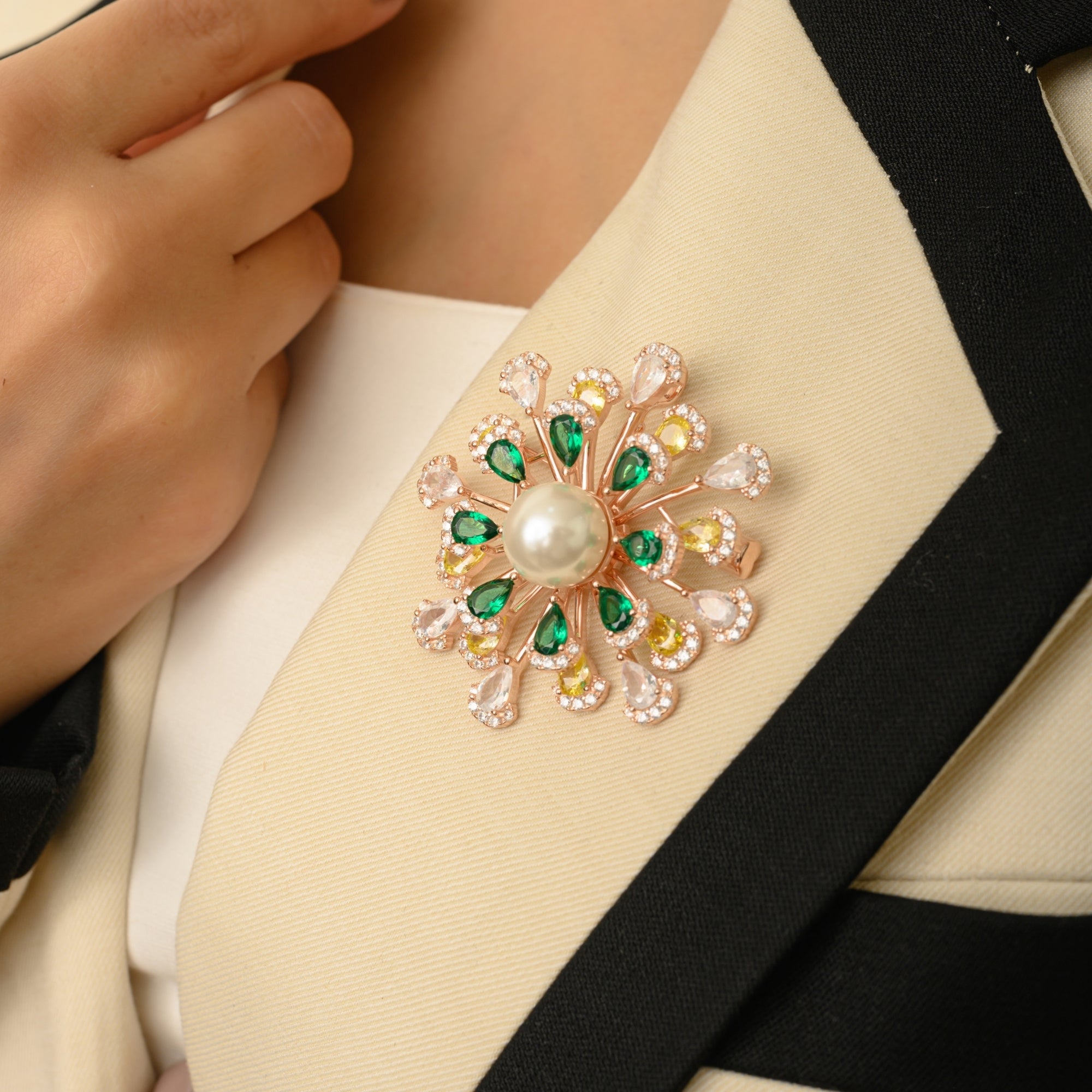 Floral Pearl Brooch in 925 Silver with Colourful CZ Diamonds