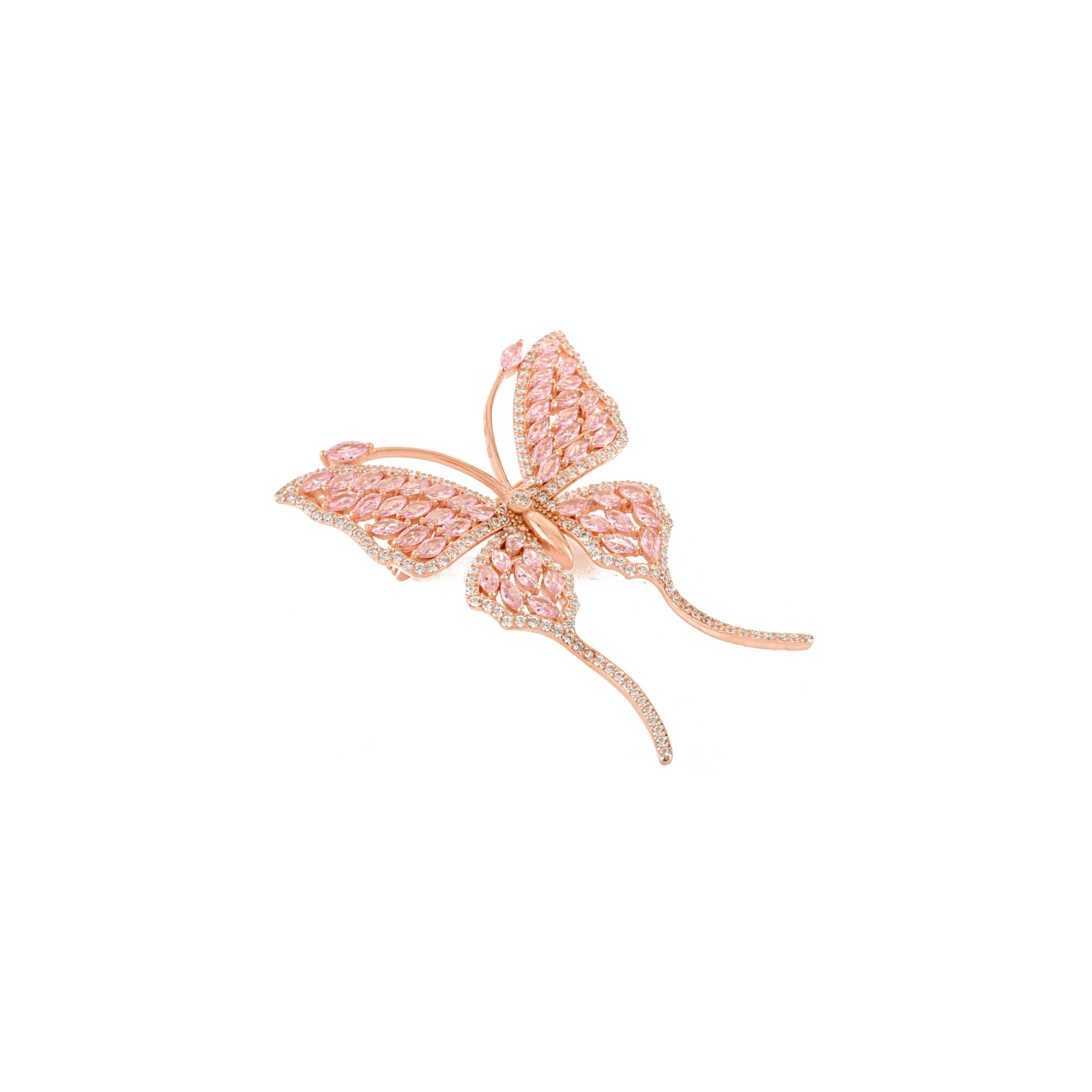 Rose Gold Butterfly Brooch with Shiny Pink CZ diamonds in 925 Silver
