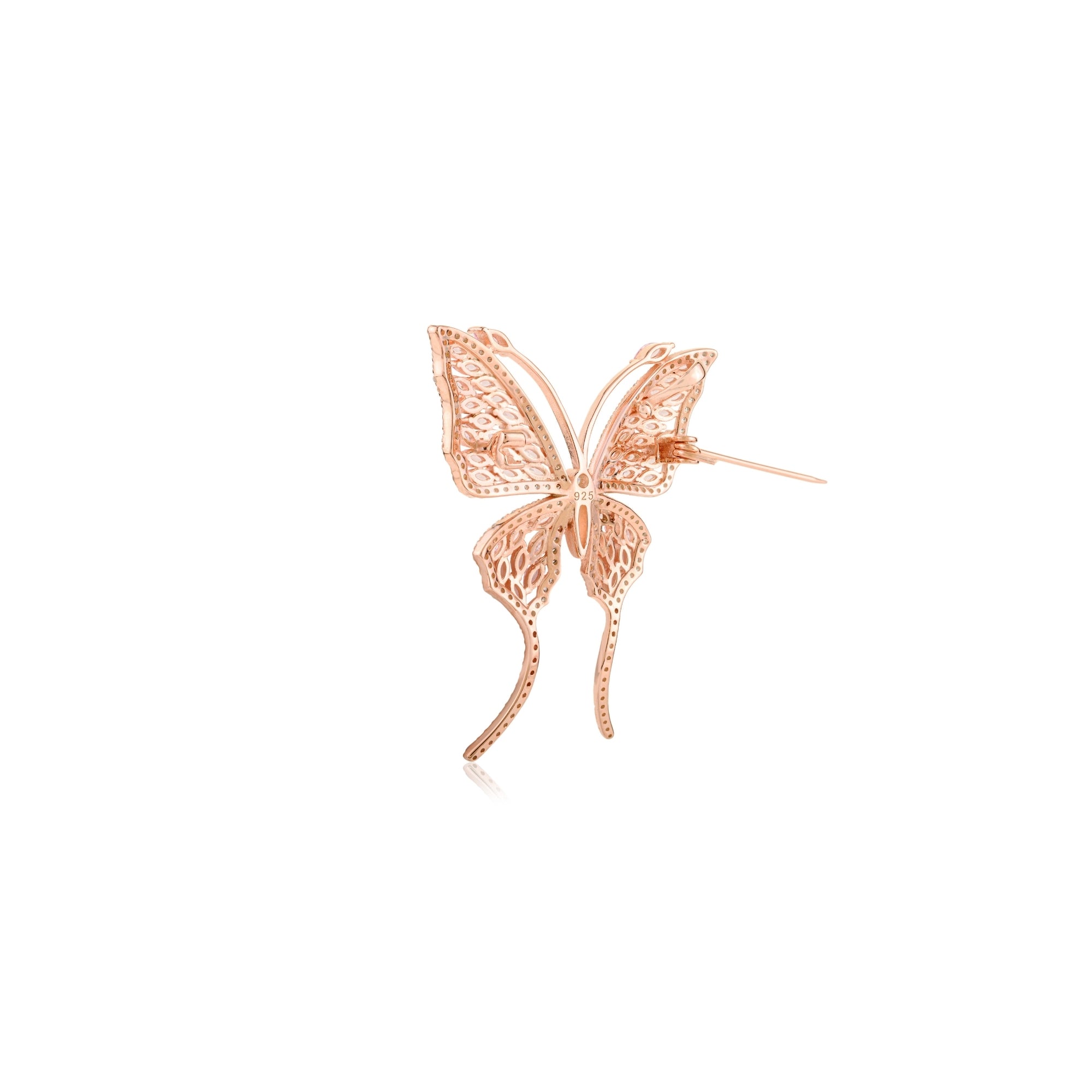 Rose Gold Butterfly Brooch with Shiny Pink CZ diamonds in 925 Silver