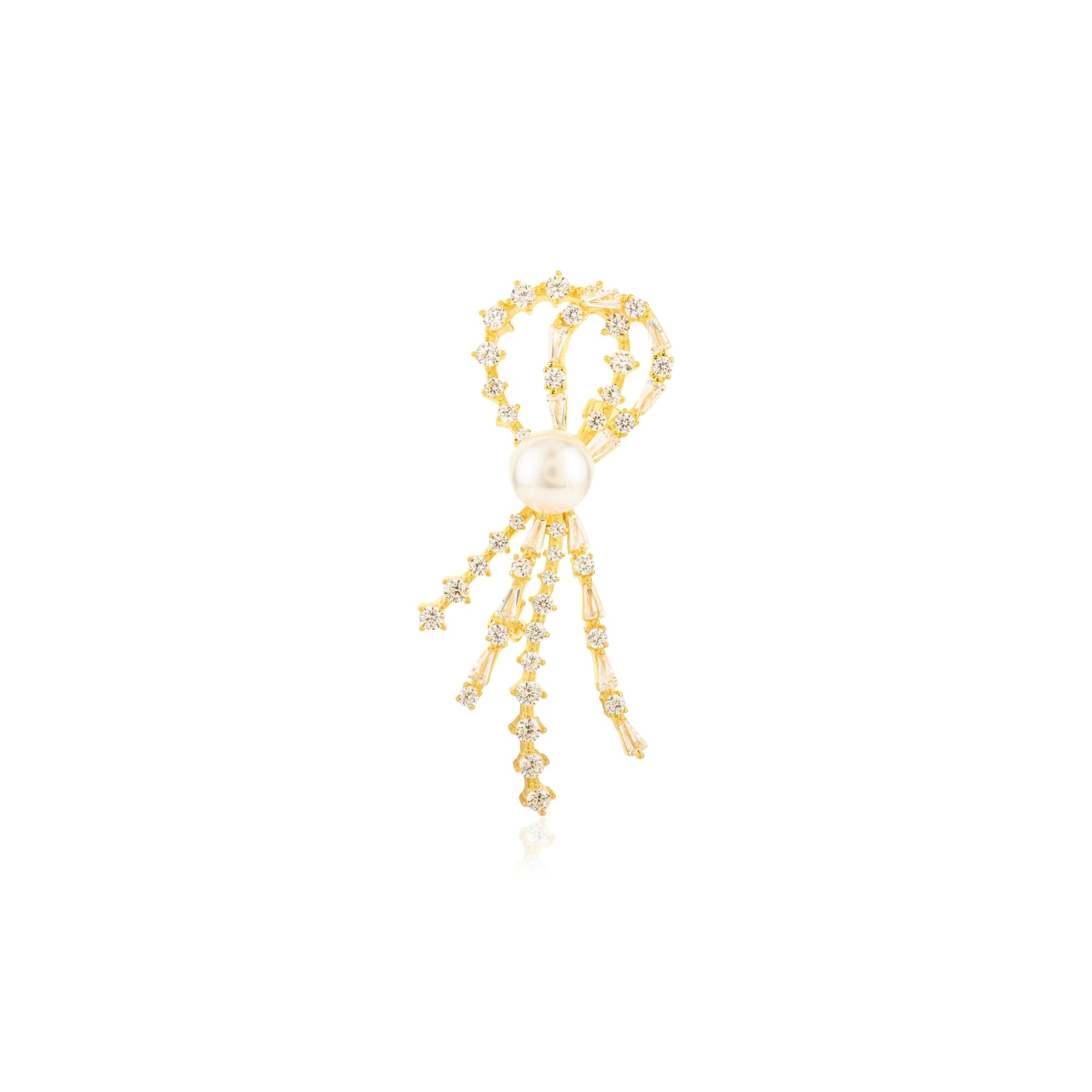 Yellow Gold Pearl Brooch with Dangling CZ Diamonds