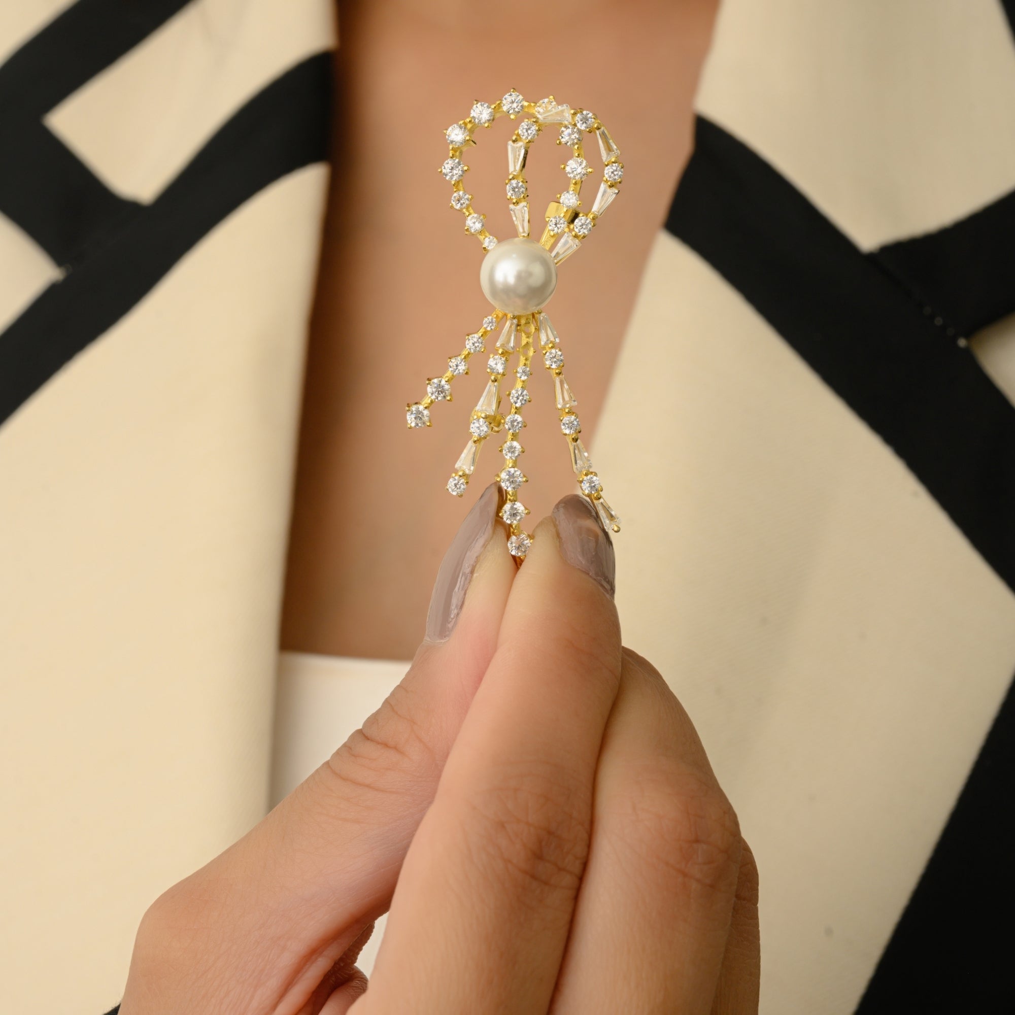 Yellow Gold Pearl Brooch with Dangling CZ Diamonds
