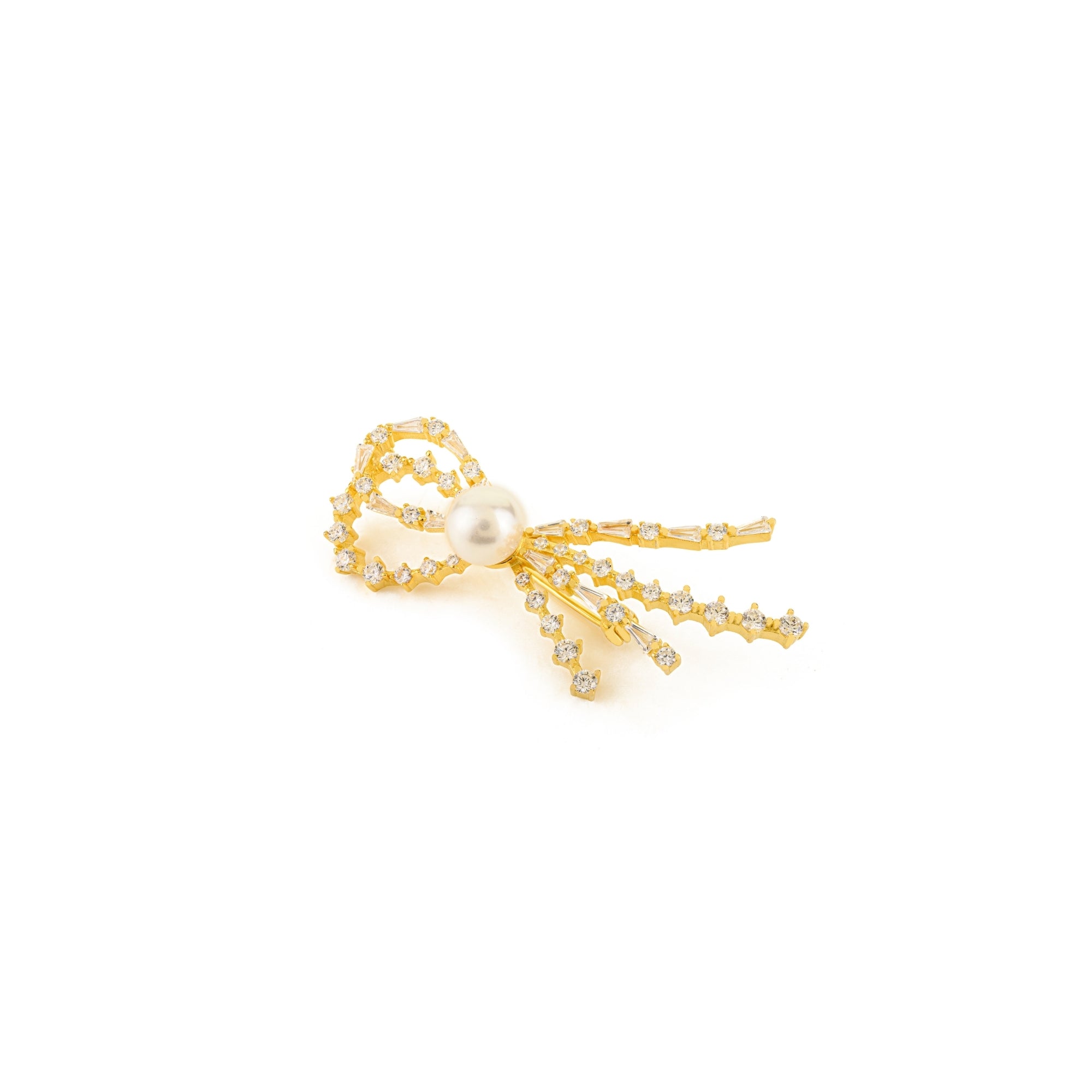 Yellow Gold Pearl Brooch with Dangling CZ Diamonds