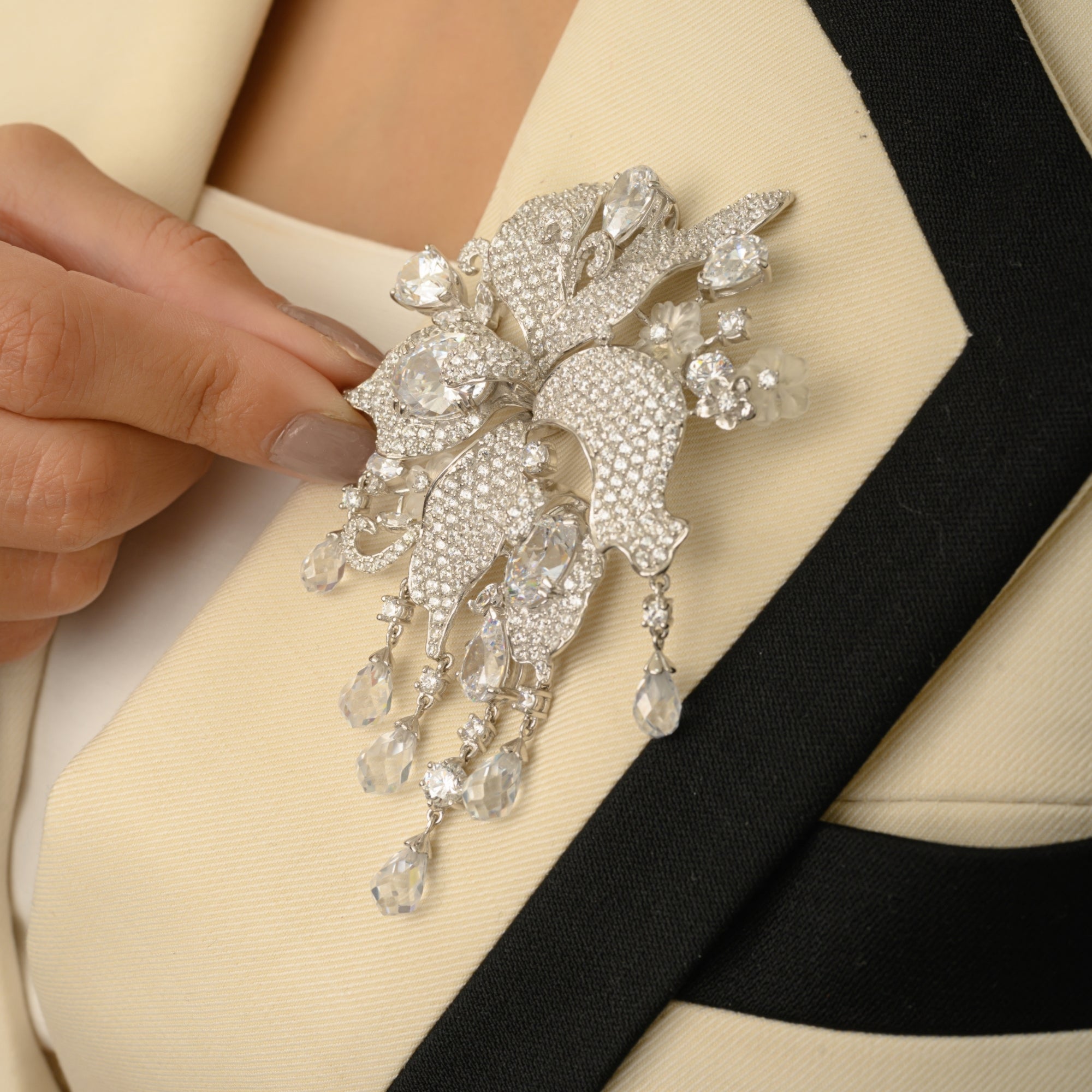 White Gold Floral Brooch with Dangling CZ Diamond Charms