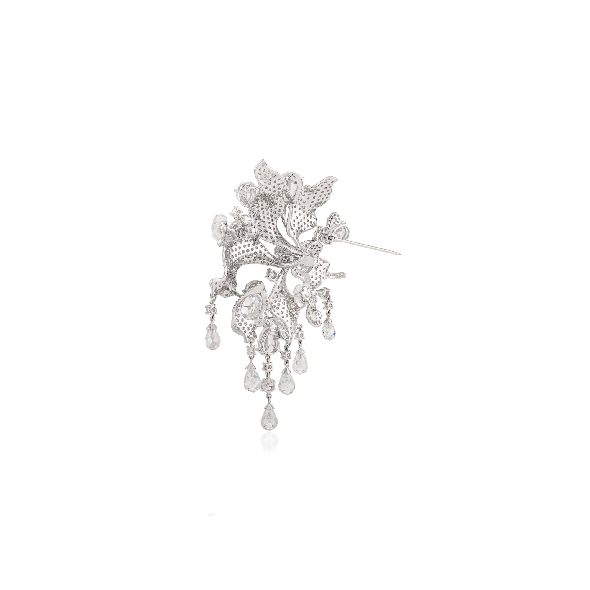 White Gold Floral Brooch with Dangling CZ Diamond Charms