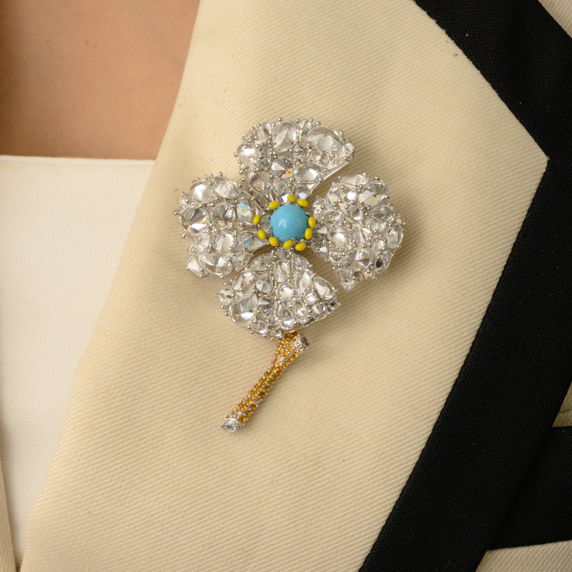 Flower Brooch with Blooming Ice Cut CZ Diamonds