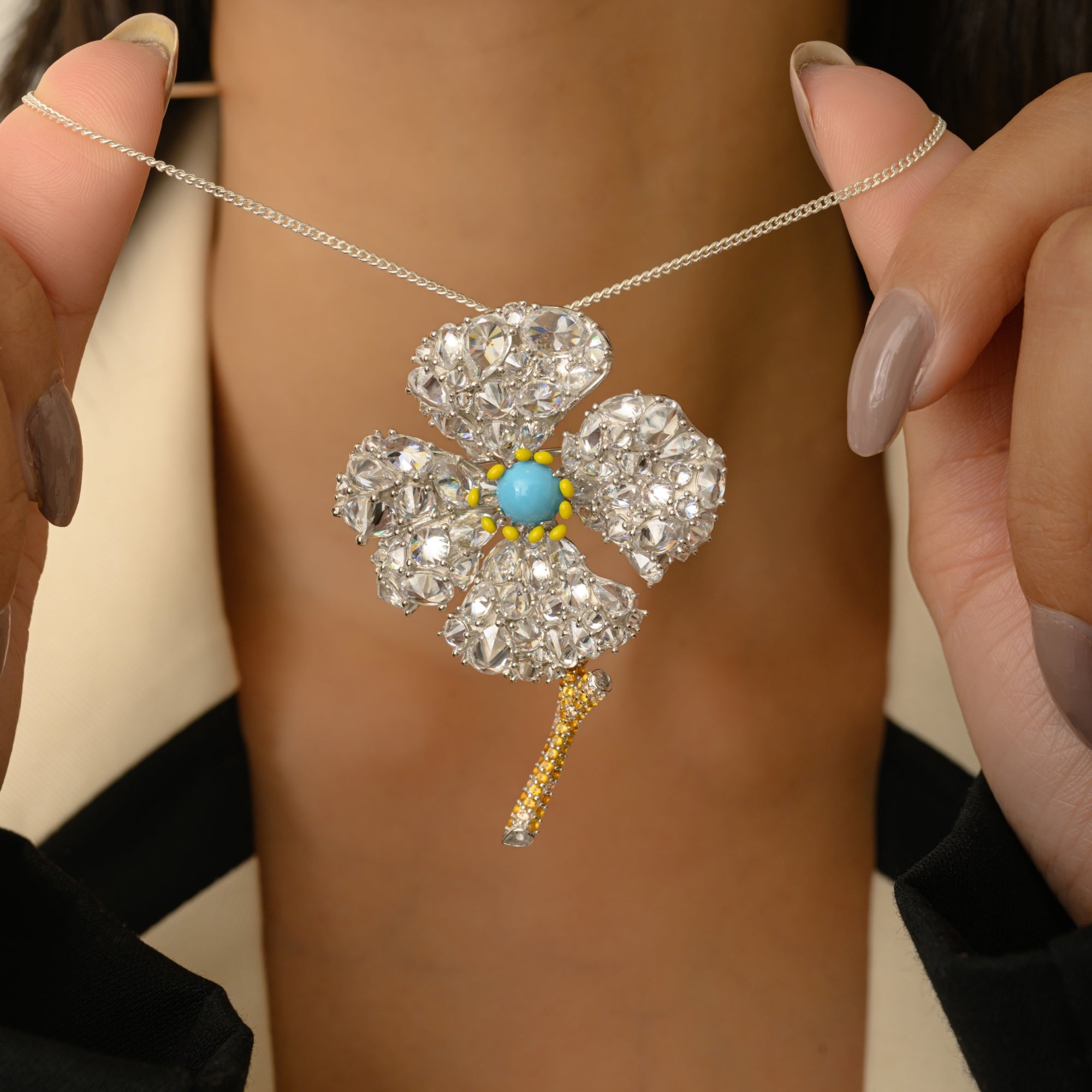 Flower Brooch with Blooming Ice Cut CZ Diamonds