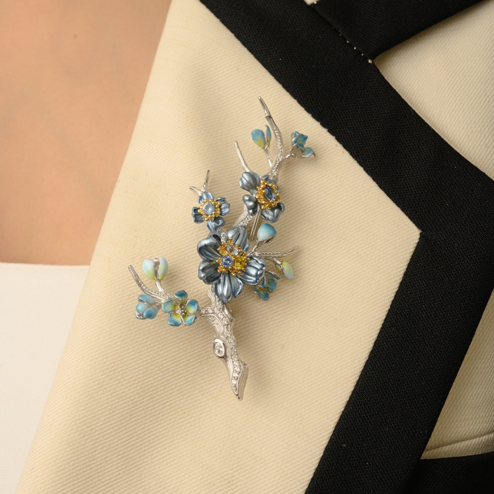 Antique Flower Brooch in 925 Silver with Colorful CZ Diamonds