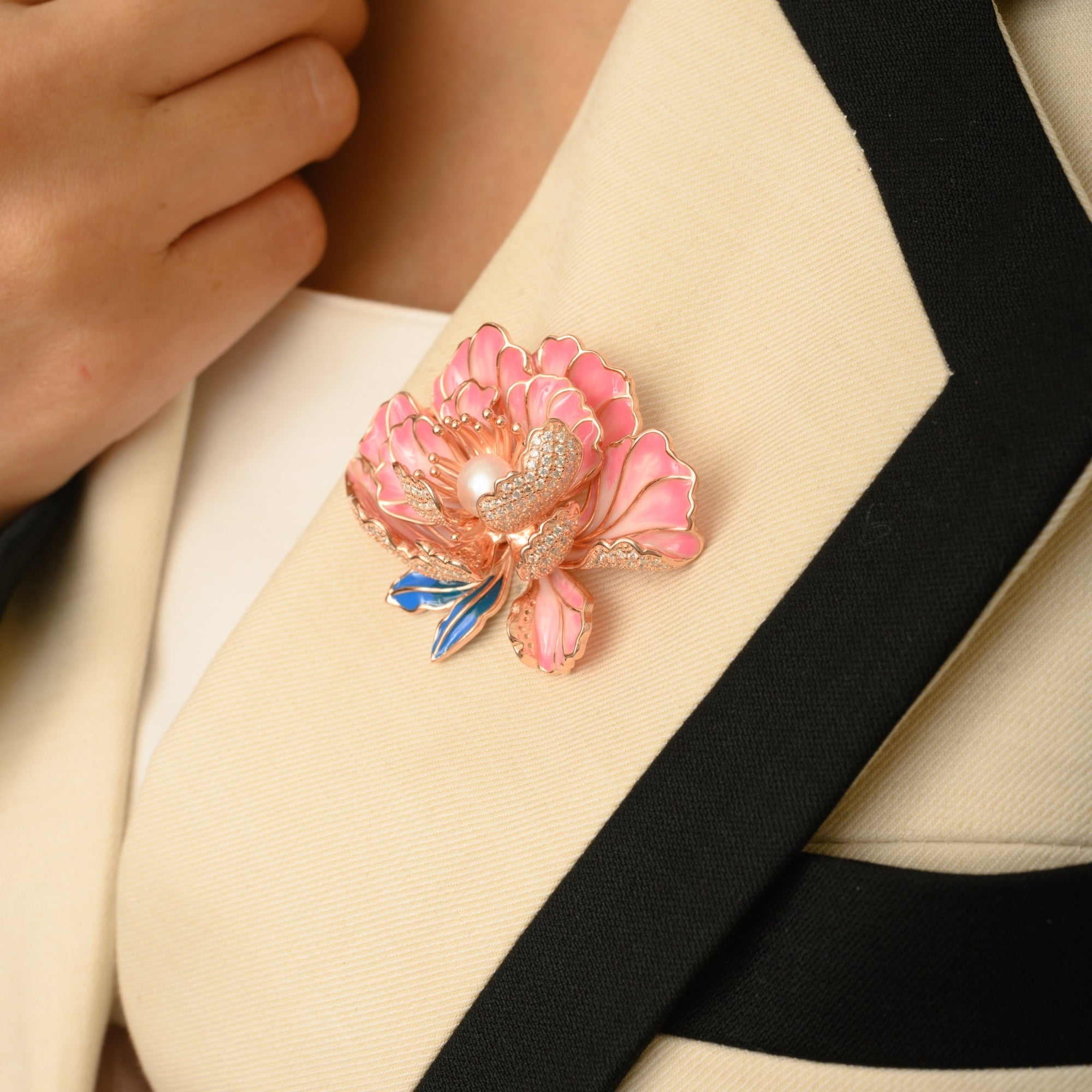 Light Pink Peony Flower Brooch with Pearl Charm