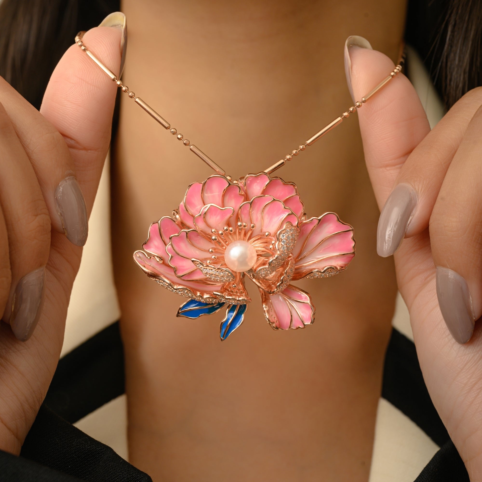 Light Pink Peony Flower Brooch with Pearl Charm