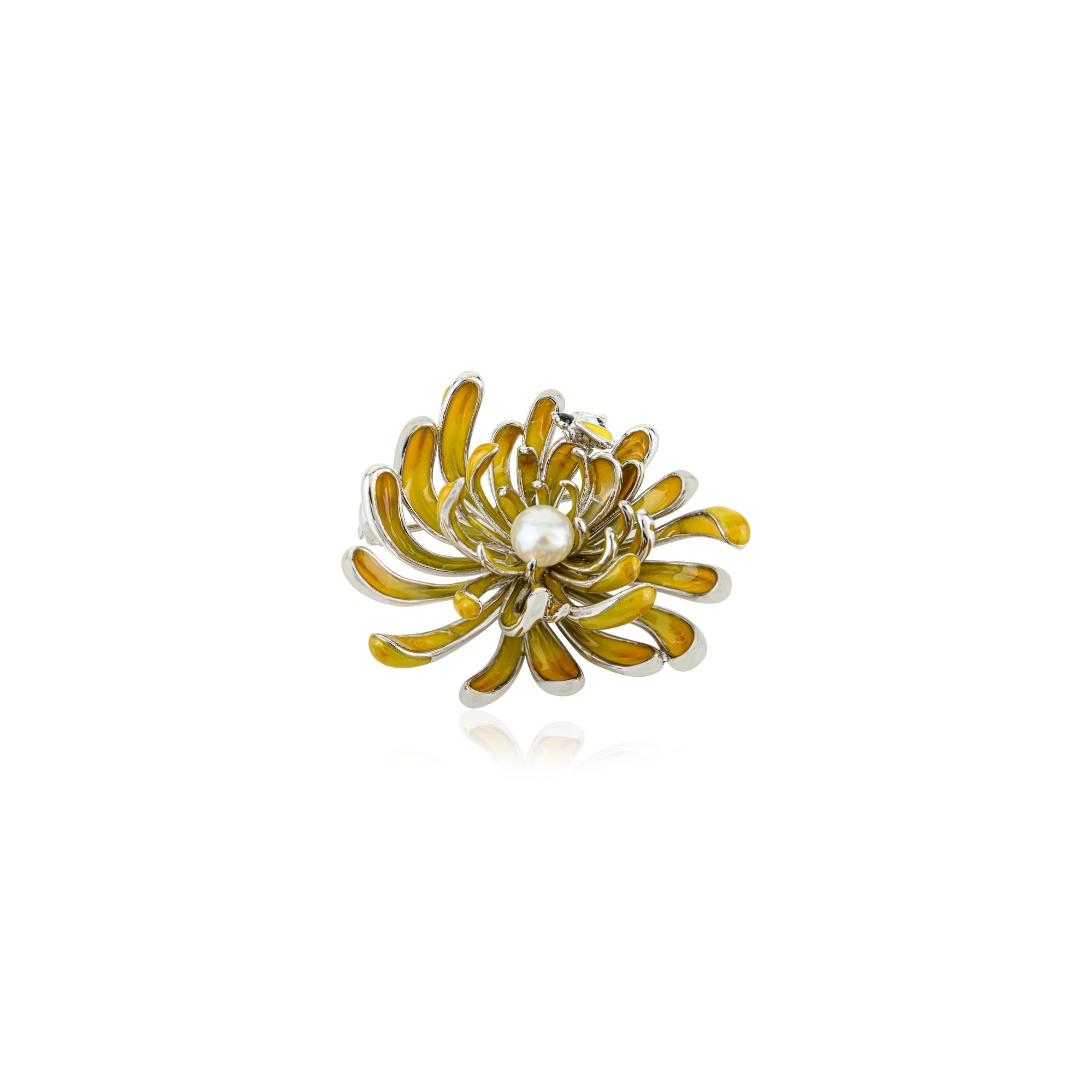 White Gold Yellow Flower Pearl Brooch in 925 Silver