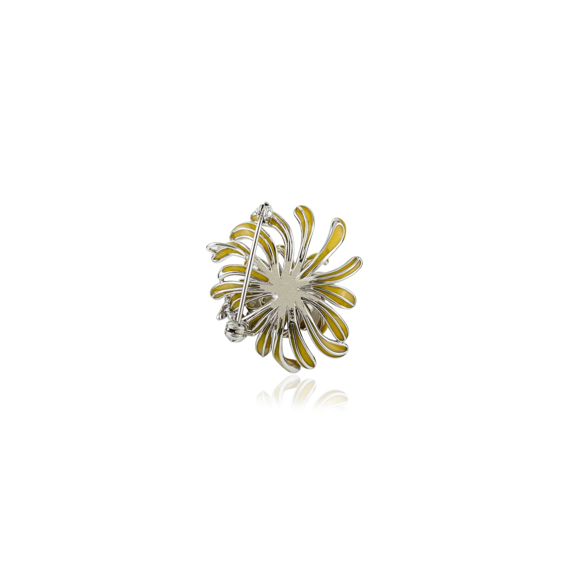 White Gold Yellow Flower Pearl Brooch in 925 Silver
