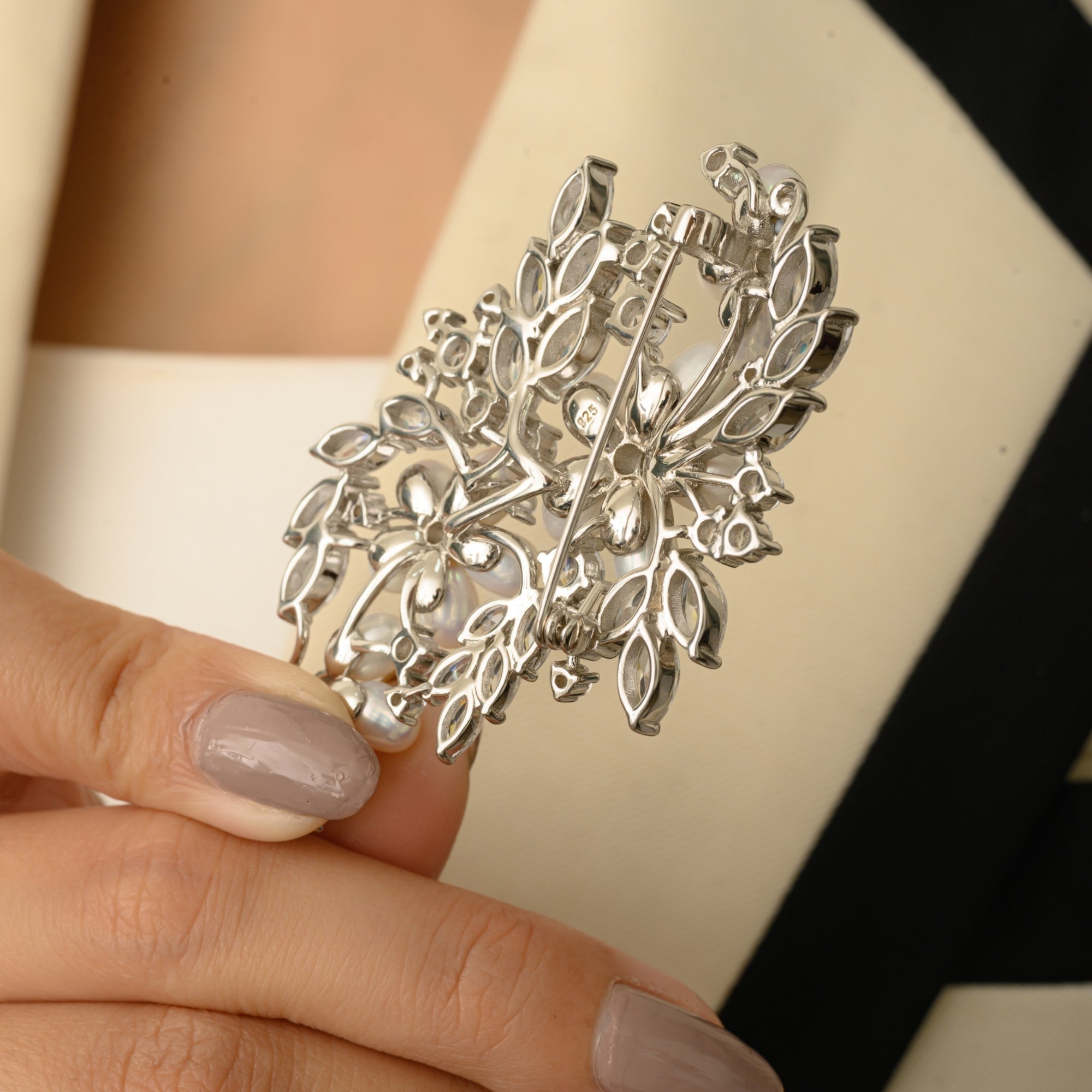 White Gold Floral Pearl Brooch in 925 Silver