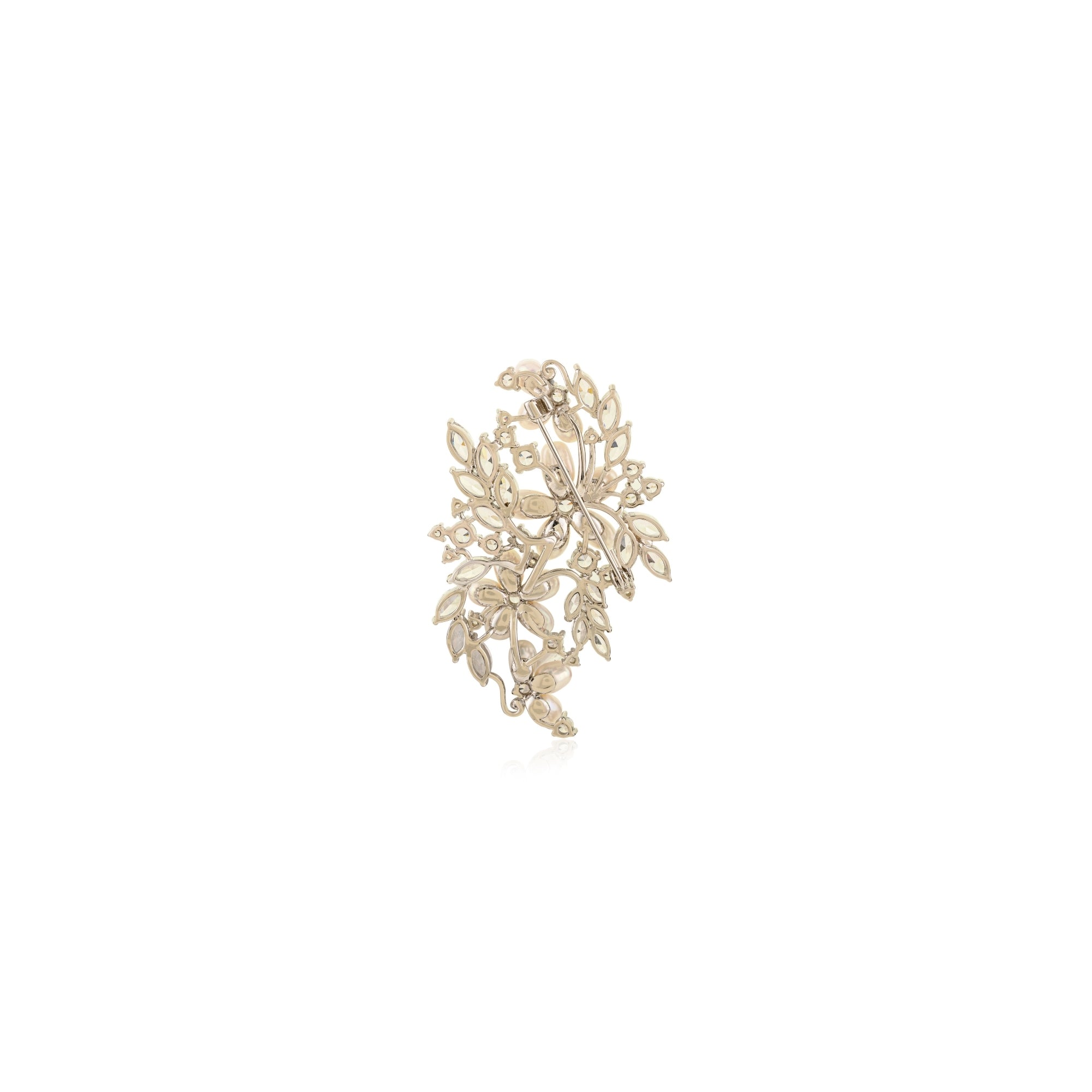 White Gold Floral Pearl Brooch in 925 Silver