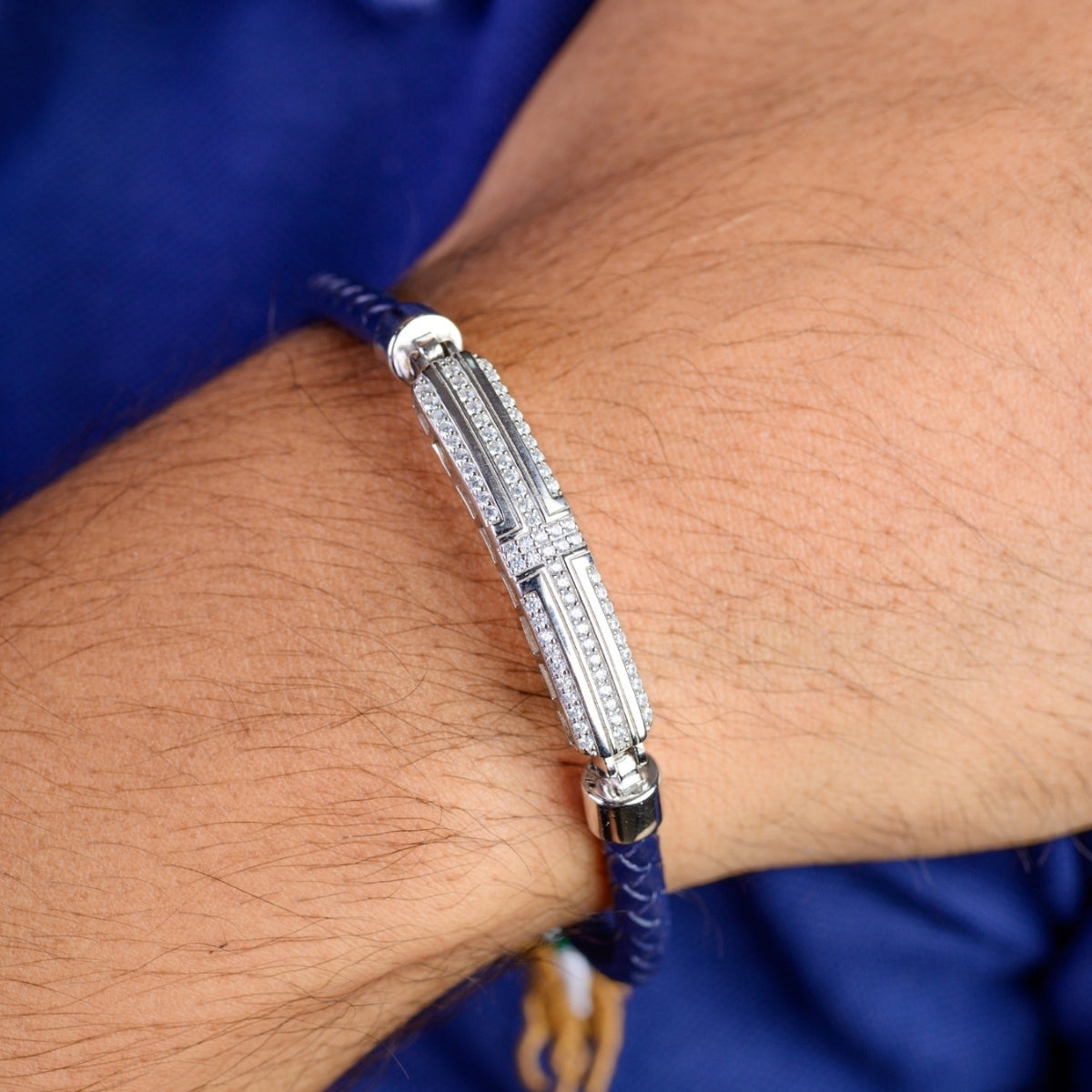 925 Silver Cz Bar Blue Braided Bracelet for Men