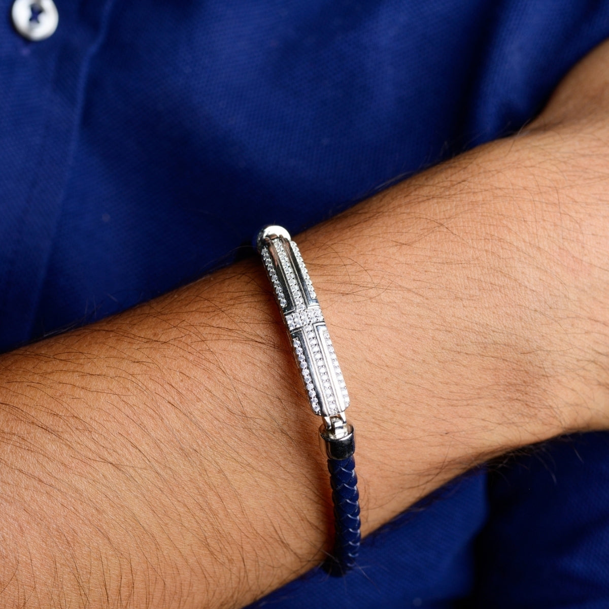 925 Silver Cz Bar Blue Braided Bracelet for Men