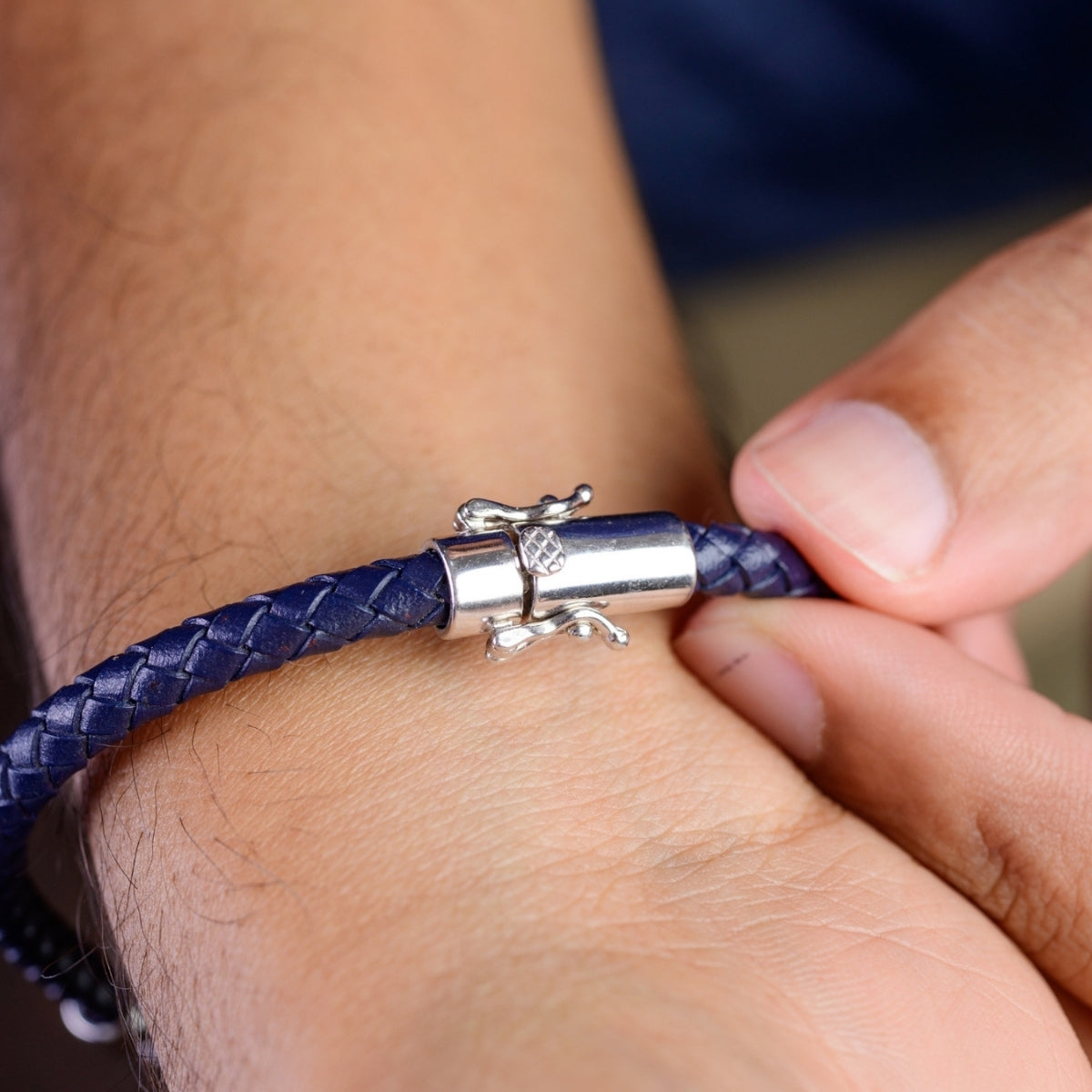 925 Silver Cz Bar Blue Braided Bracelet for Men