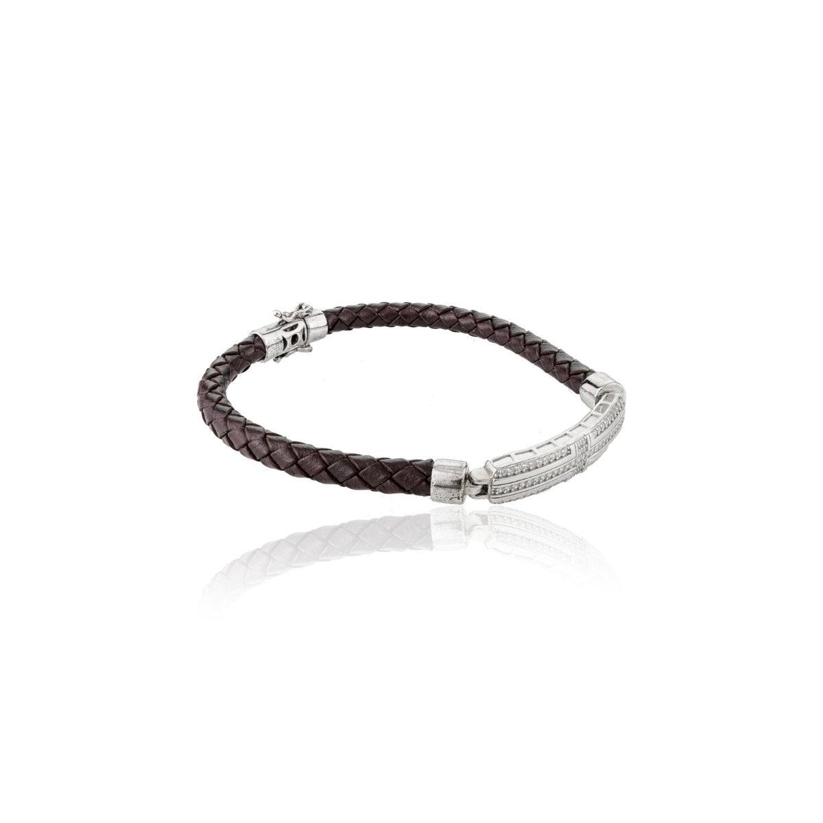 925 Silver Cz Bar Brown Braided Bracelet for Men