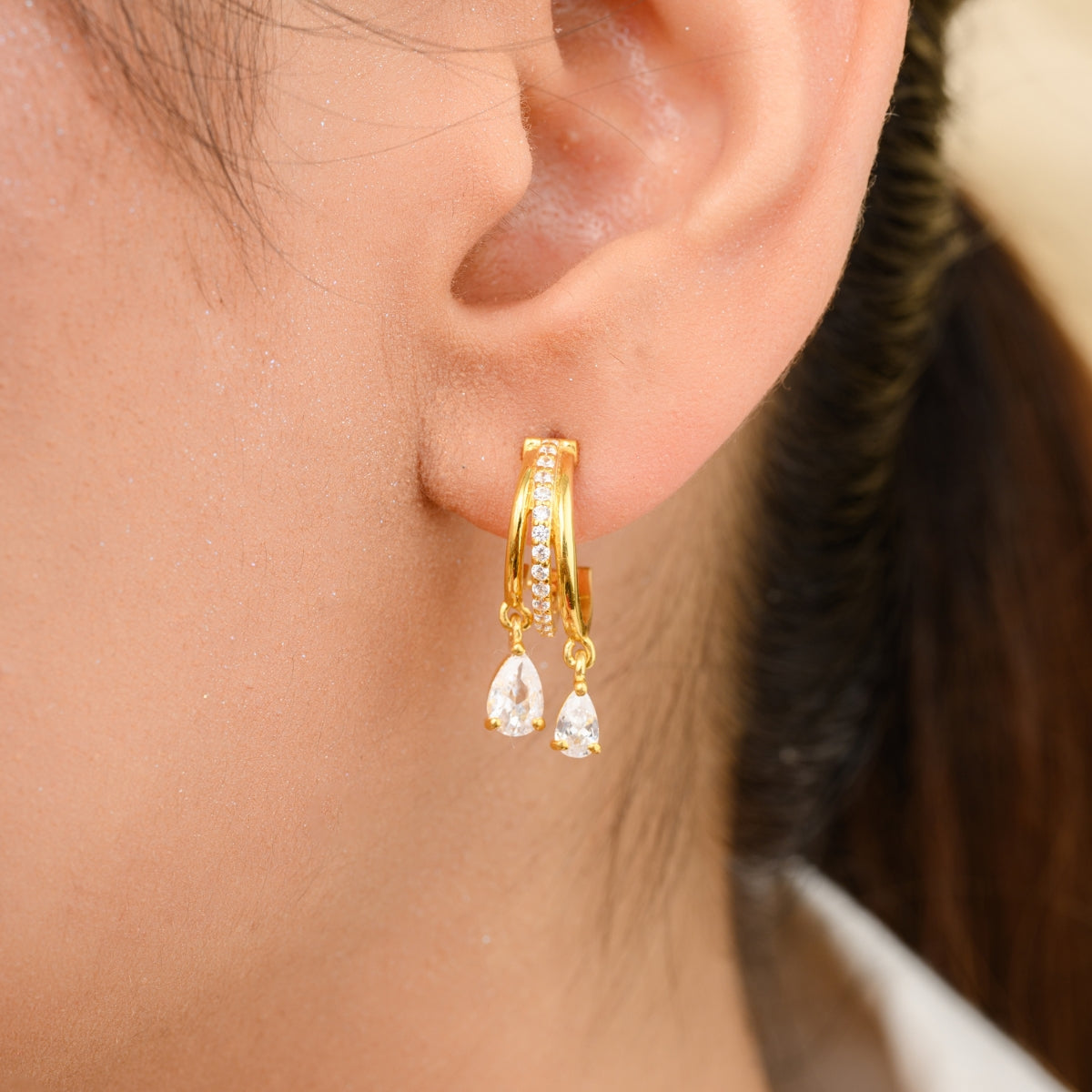 Elegant Cz Drop Hoop Earrings.