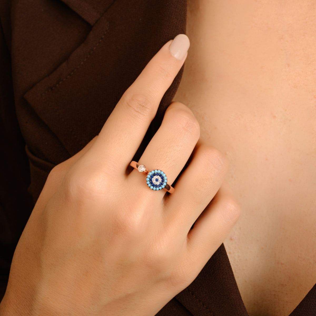 METALM Blue Evil Eye Adjustable Ring for Women