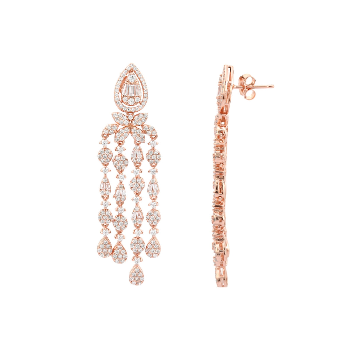 Rose Gold Clustered CZ Diamond Drop Earrings in 925 Silver