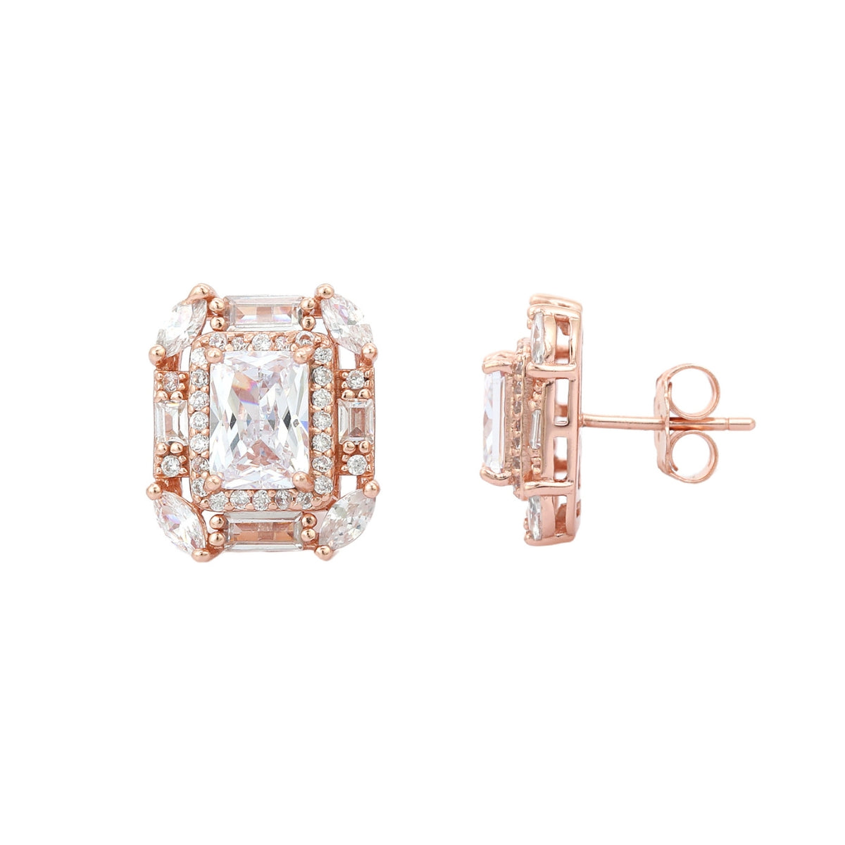 Emerald Cut Silver CZ Diamond Stud Earrings for Women