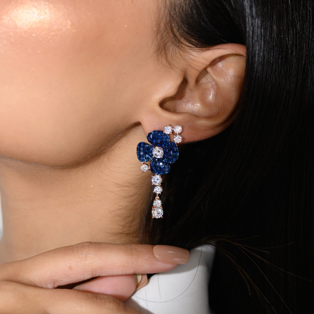 Rose Gold Blue Diamond Flower Drop Earrings