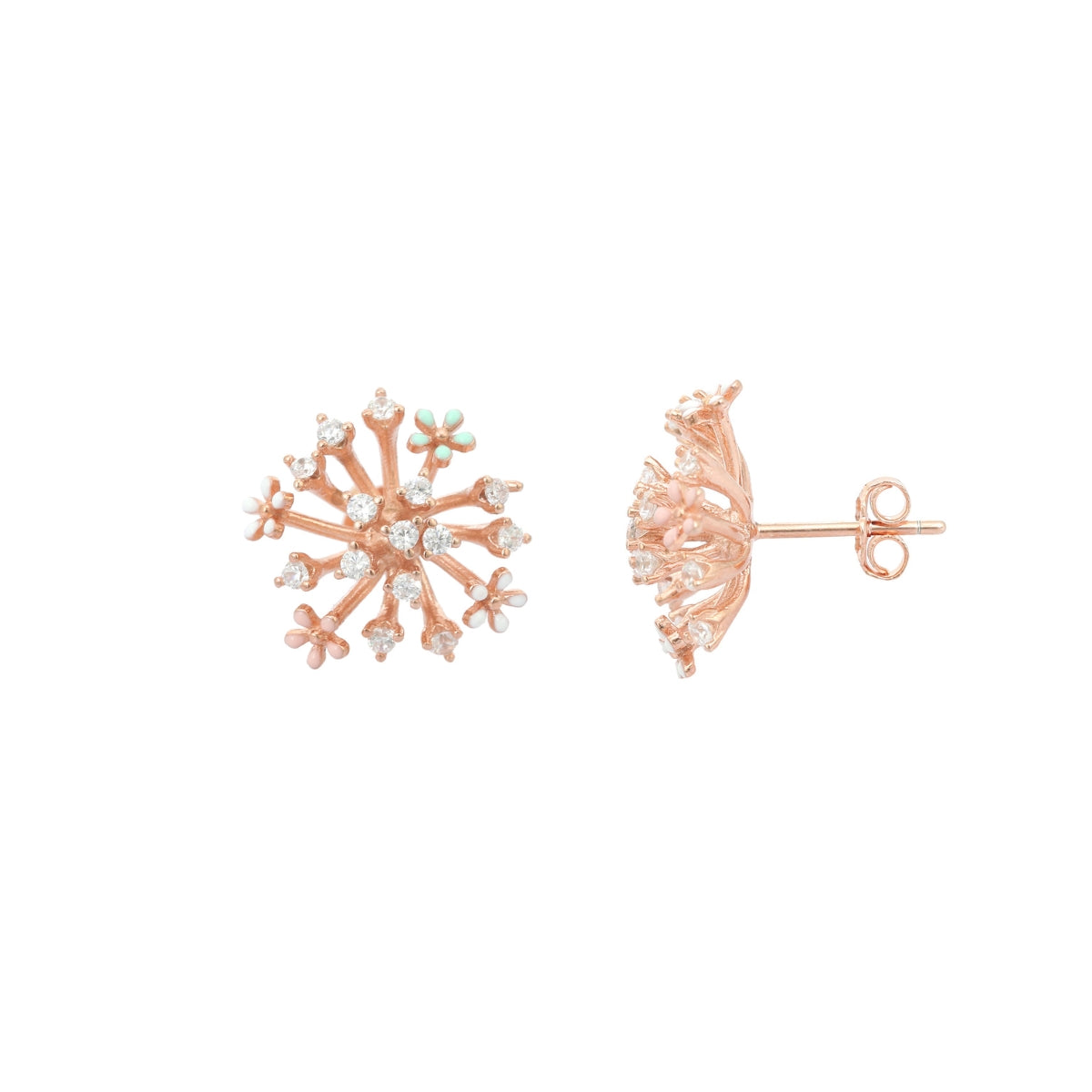 Rose Gold and Silver Snowflake Stud Earrings - Sparkling CZ Diamonds