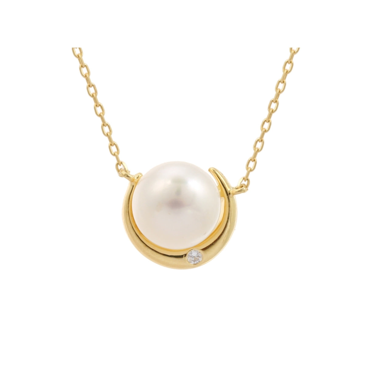 Yellow Gold Moon Pendant Necklace with White Pearl Charm