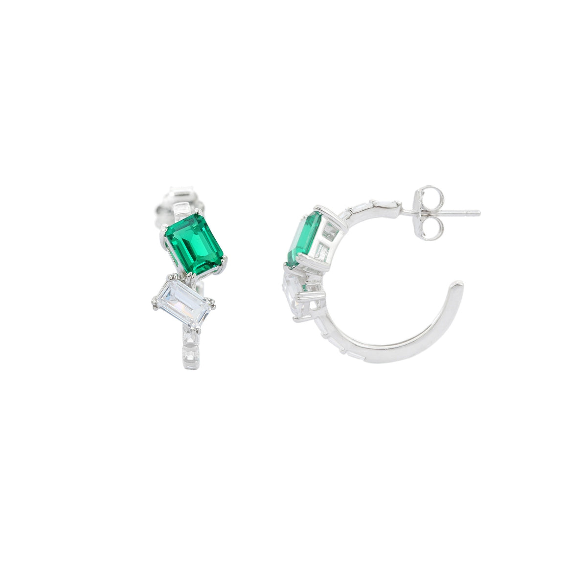 Emerald Cut Blue and Green CZ Diamond Silver C Hoop Earrings