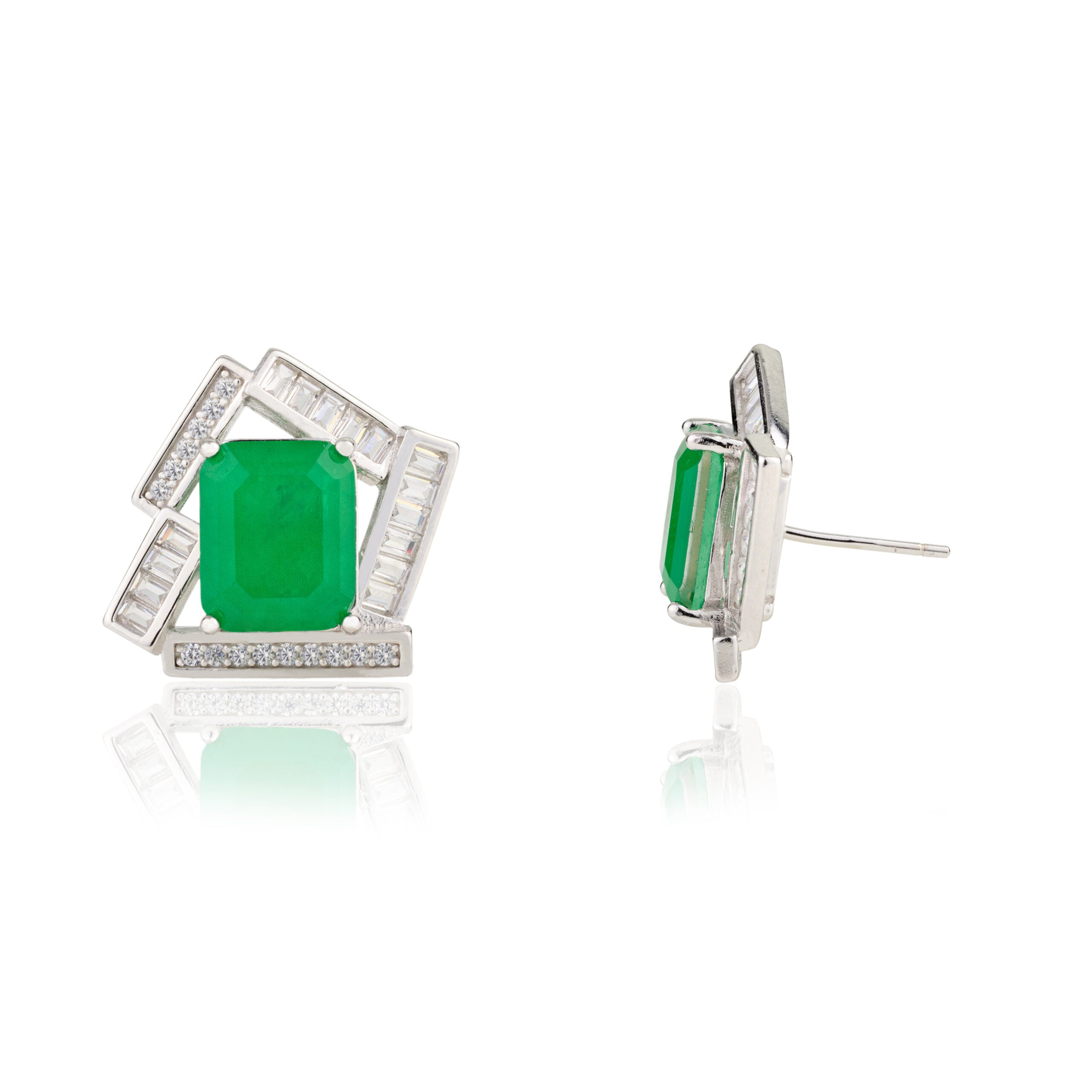 Green Emerald Diamond Studs with Cz Baguette Gemstones