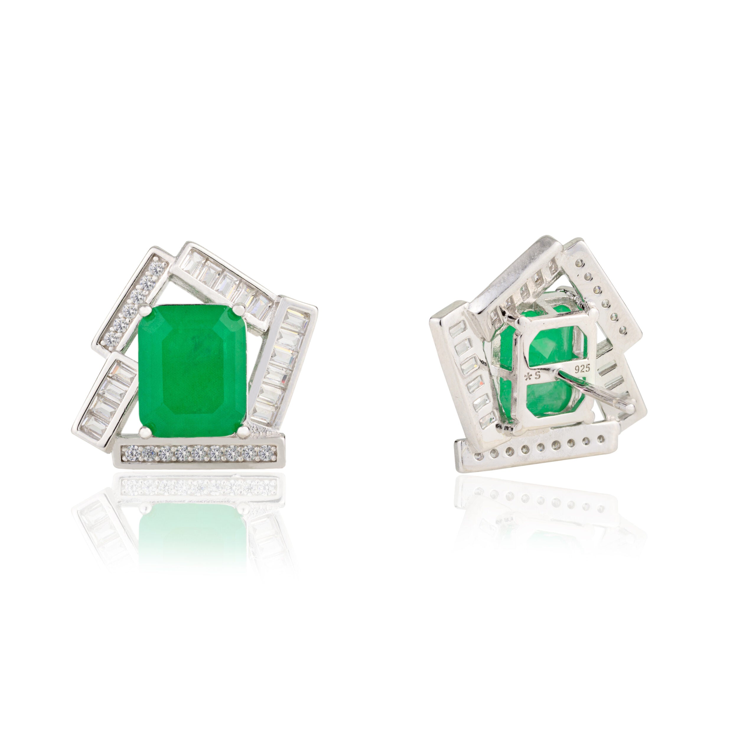 Green Emerald Diamond Studs with Cz Baguette Gemstones