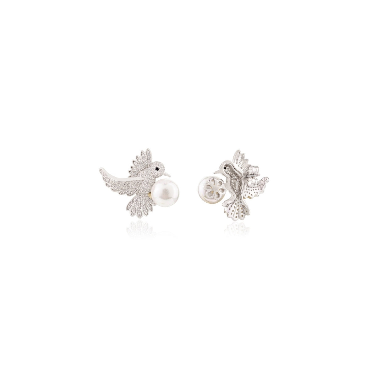 Nature Inspired Charming Birds Silver Pearl Earrings