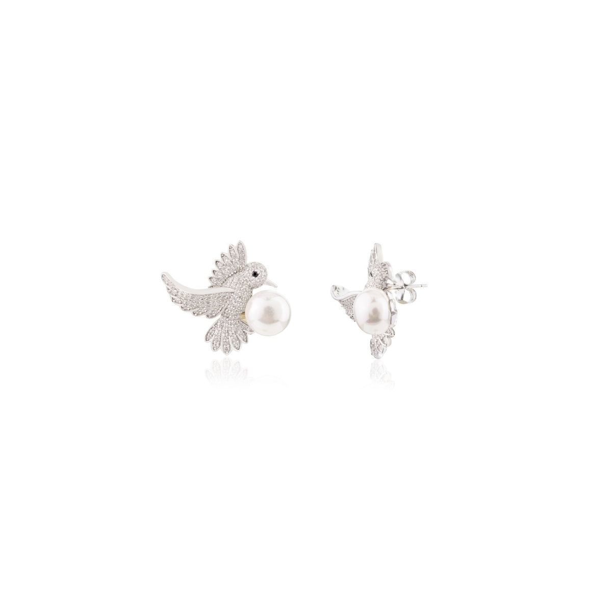 Nature Inspired Charming Birds Silver Pearl Earrings