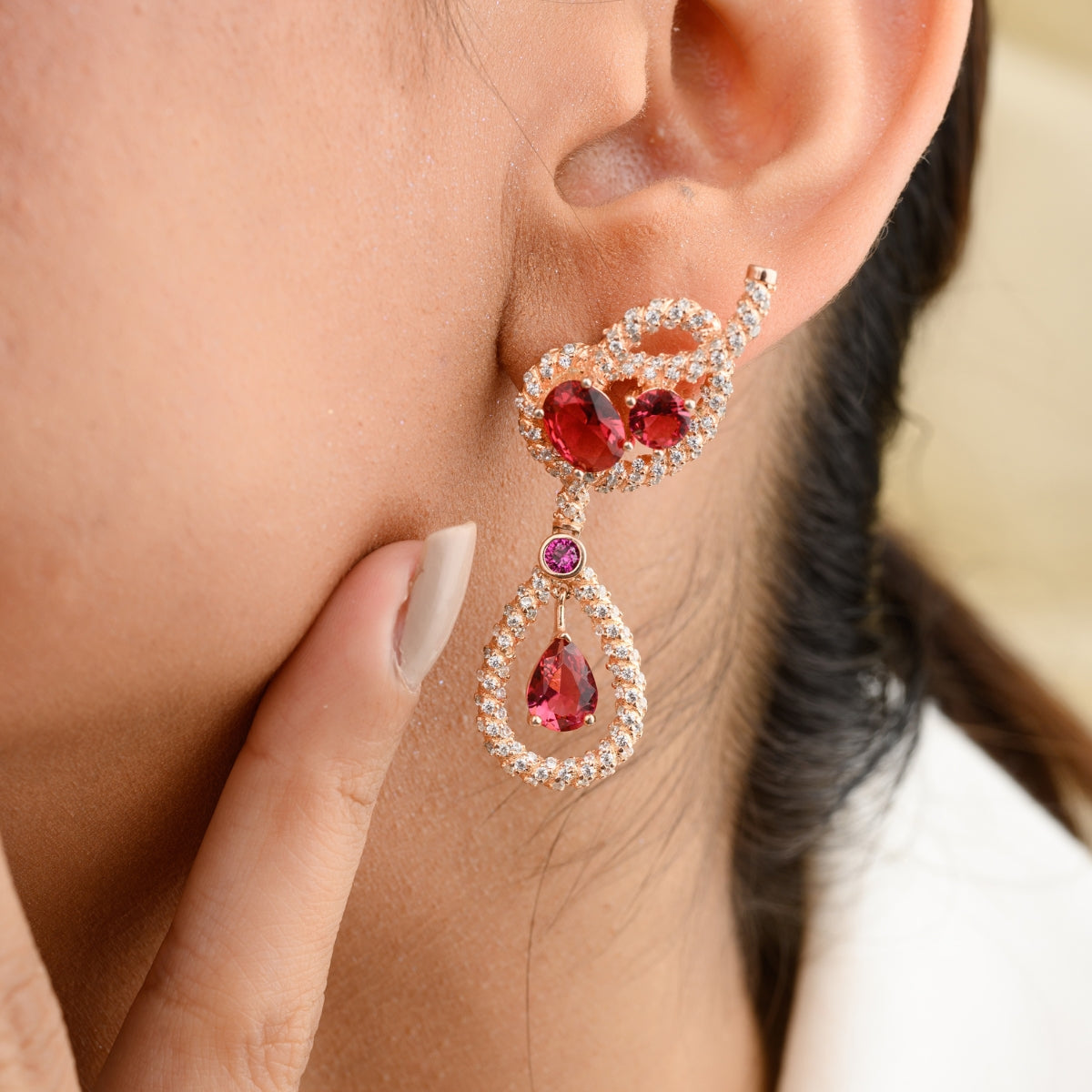 Red Cz Drop Stud Earrings