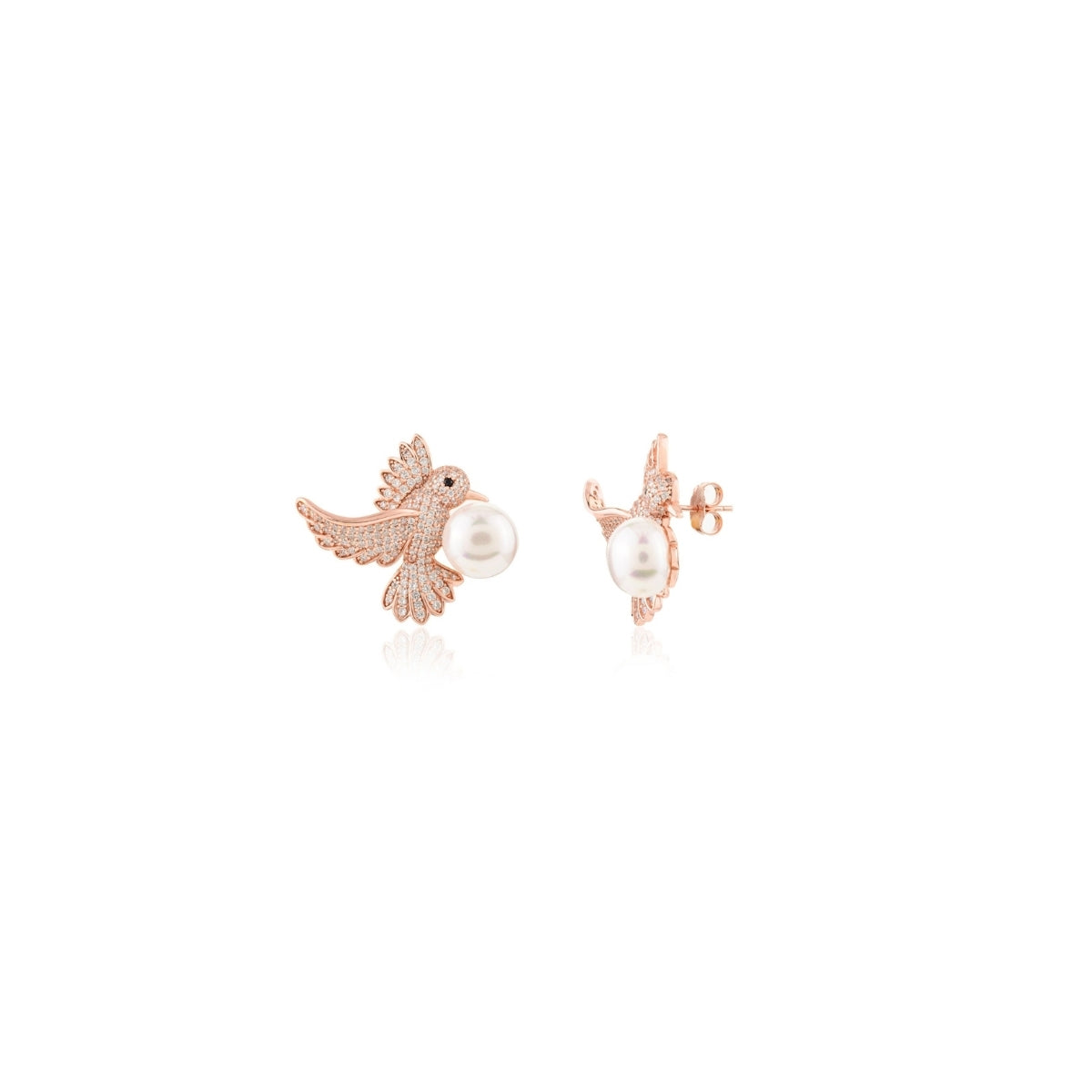 Rose Gold Finish Flying Bird Pair Silver Pearl Earrings