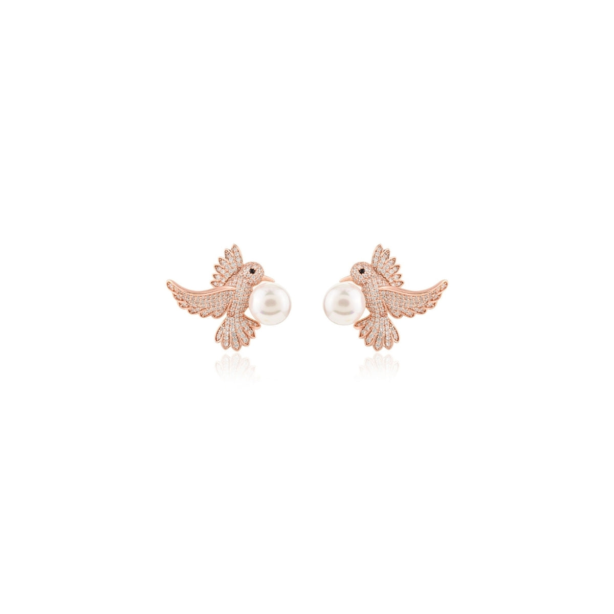 Rose Gold Finish Flying Bird Pair Silver Pearl Earrings