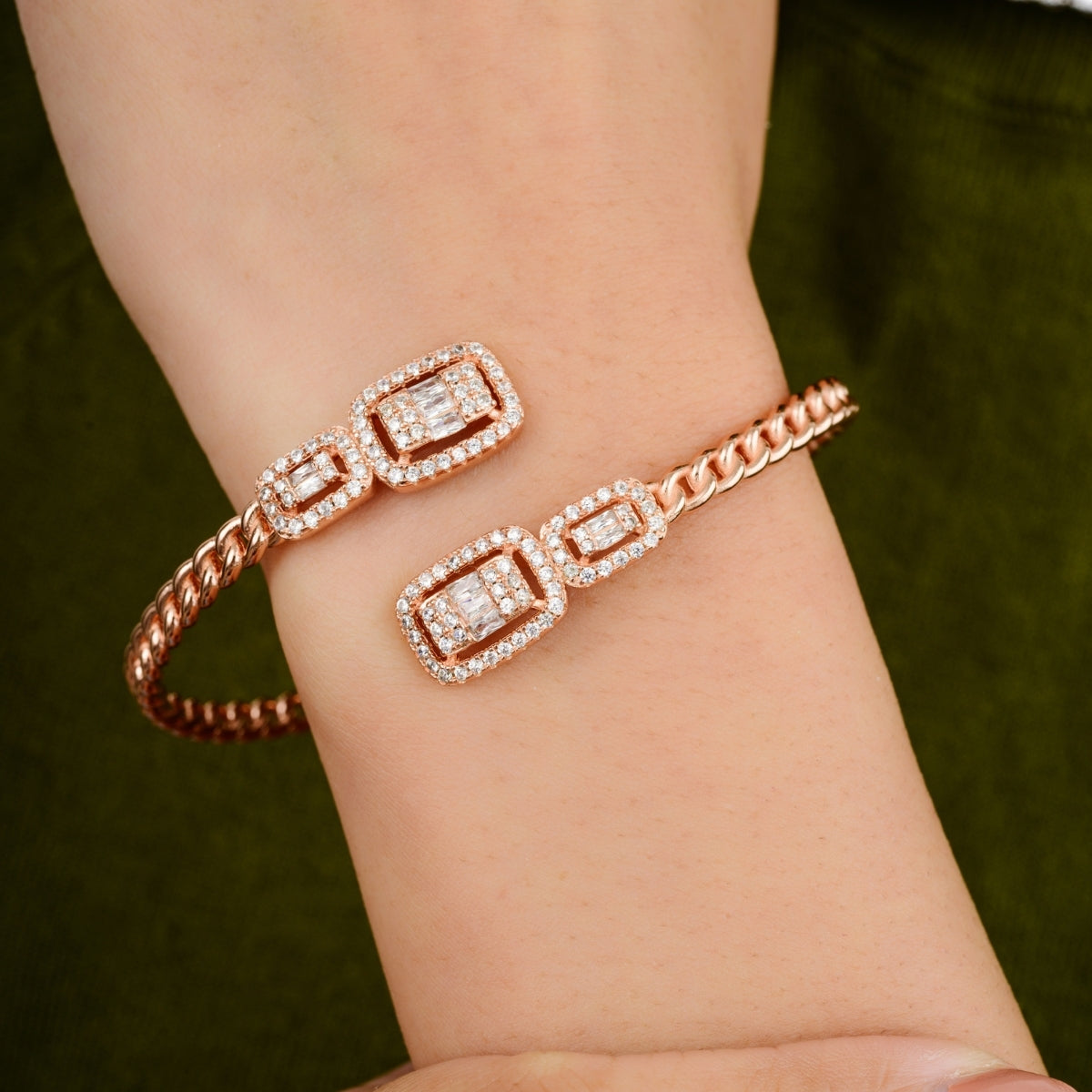 Rose Gold Sparkling Cz Diamonds Silver Bangle