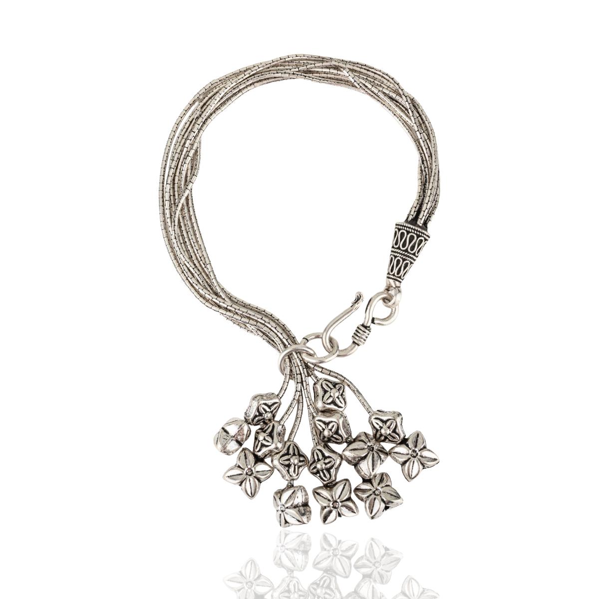 Multi-Strand 925 Sterling Silver Bracelet With Cascading Floral Charms 