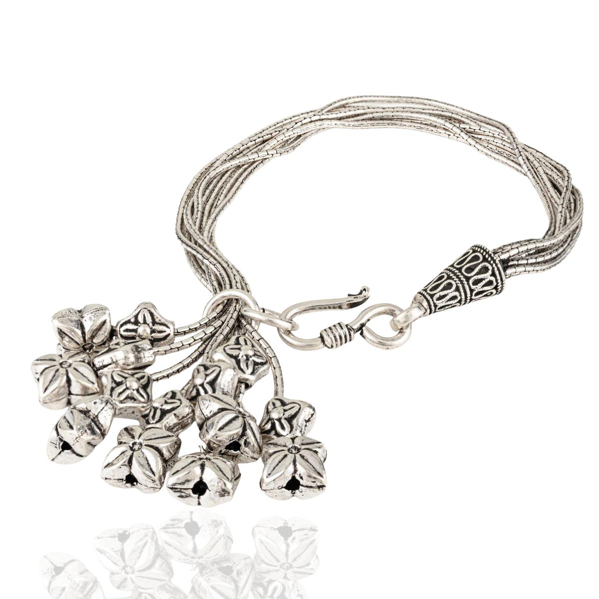 Multi-Strand 925 Sterling Silver Bracelet With Cascading Floral Charms 
