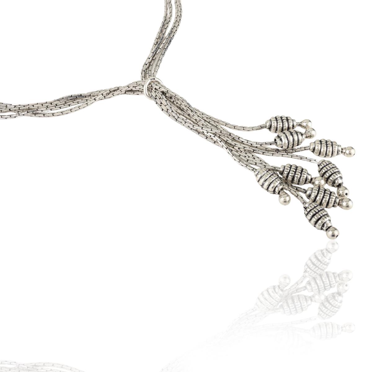 Sterling Silver Multi-Strand Tassel Bracelet with Oxidized Ribbed Bead Charms