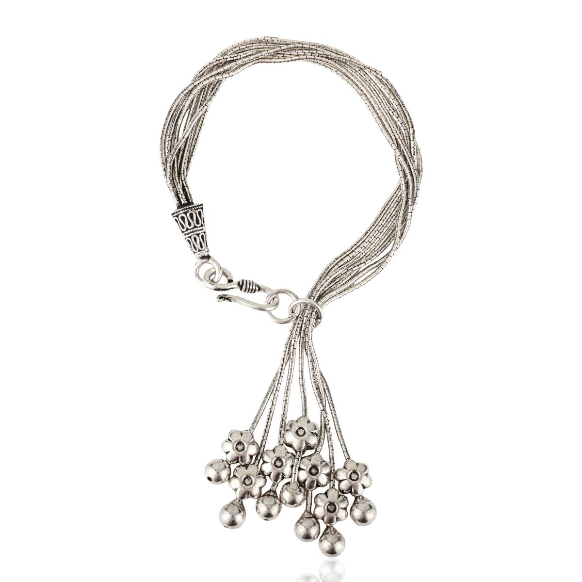 Sterling Silver Multi-Strand Bracelet with Floral Tassel Charms