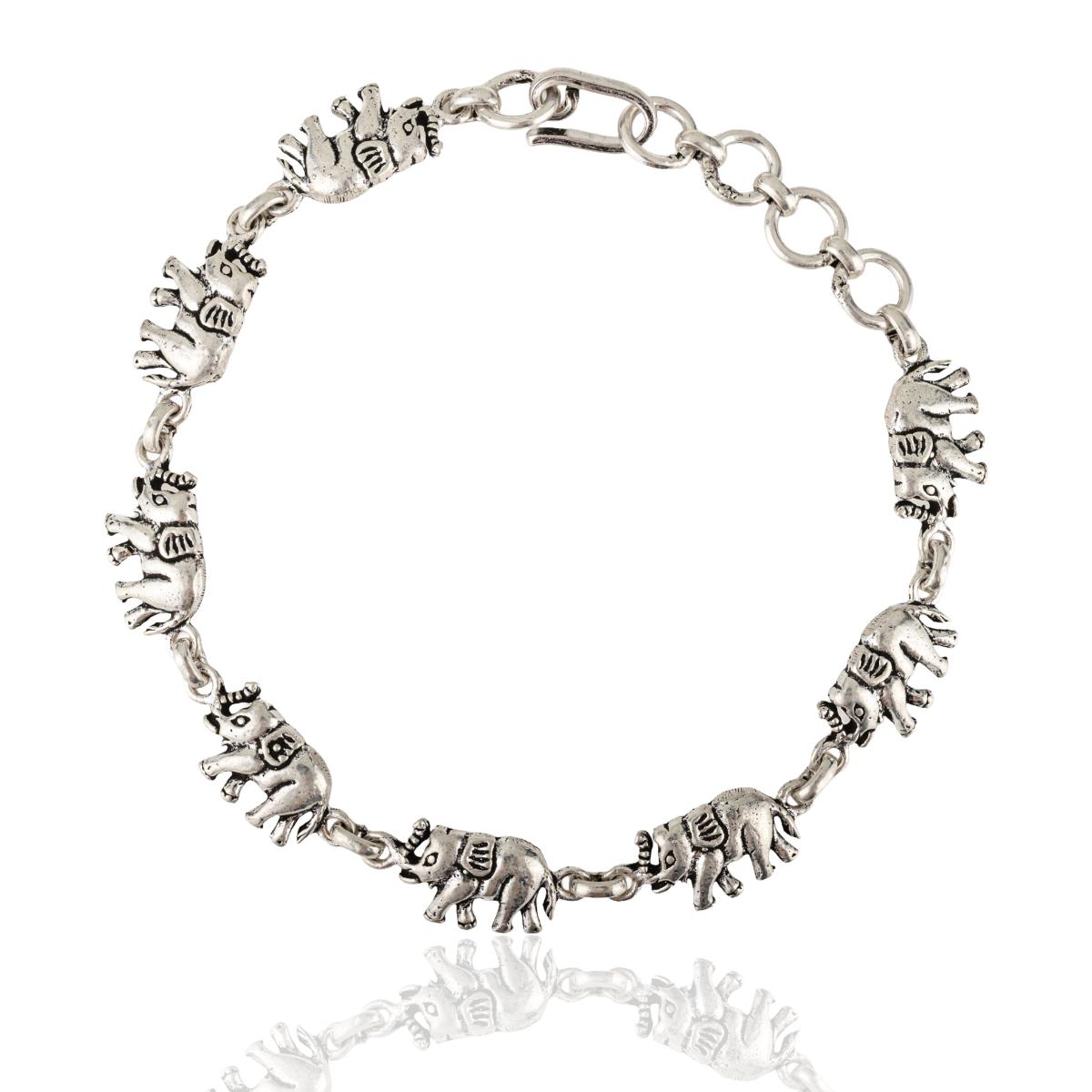 Oxidized Silver Elephant Link Chain Bracelet