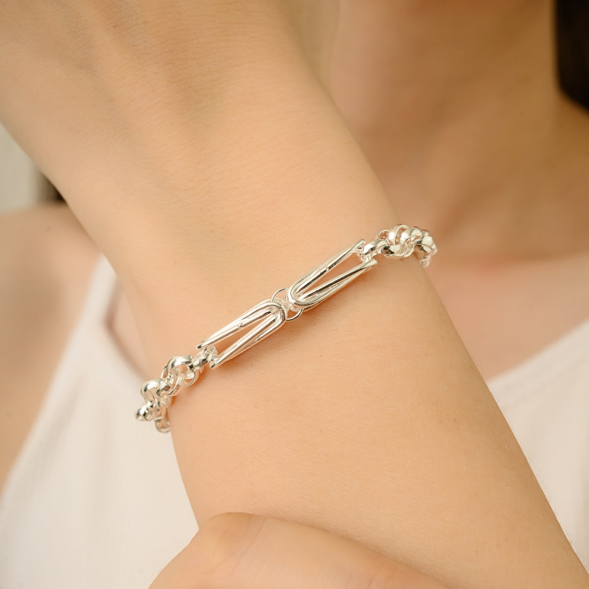 Modern Silver Link Bracelet - Double Chain with Elongated Center