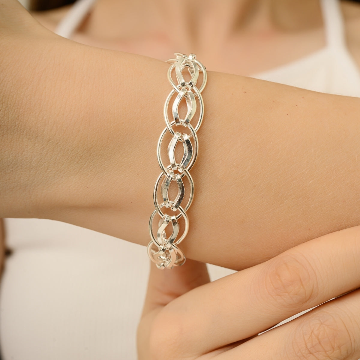 Sterling Silver Fancy Double Oval Bracelet | Interlocking Marquise Link