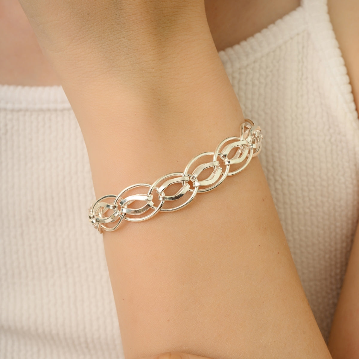 Sterling Silver Fancy Double Oval Bracelet | Interlocking Marquise Link