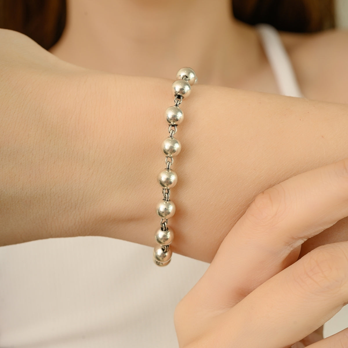Trendy 925 Silver Beaded Ball Chain Bracelet for Women