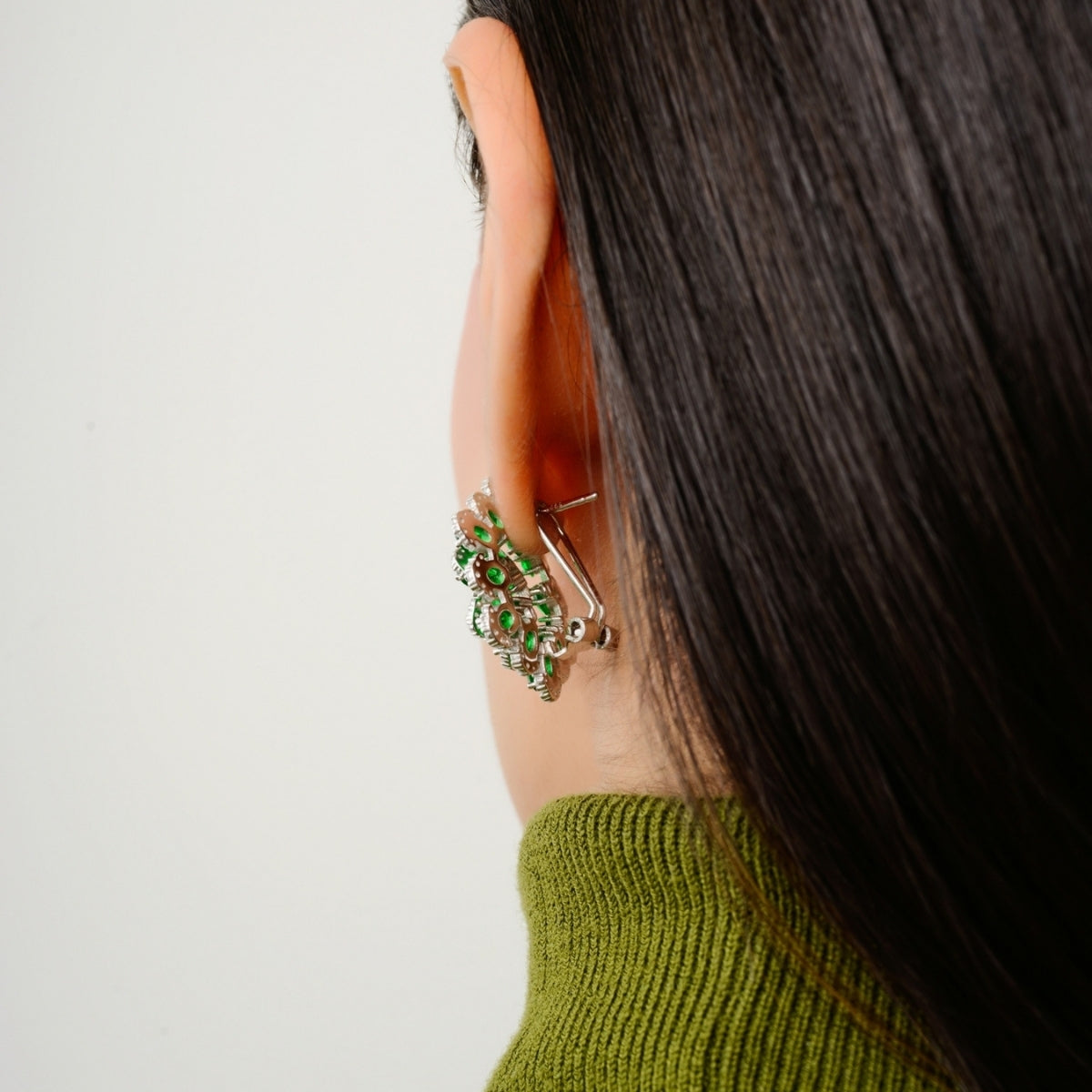 Sparkling Green American Diamonds Crystal Silver Floral Earrings