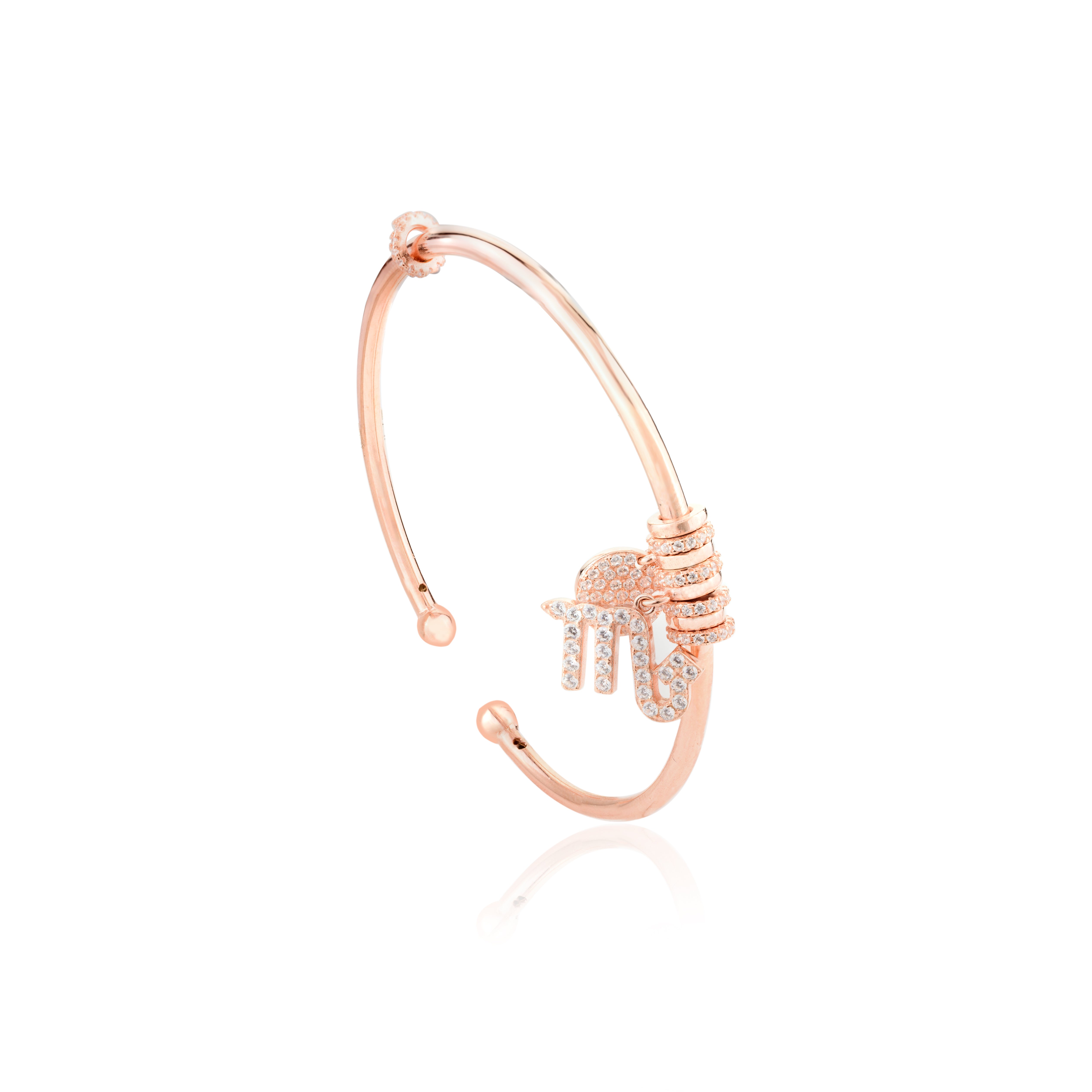 Stylish M Charm Silver Bangle in Rose Gold Finish