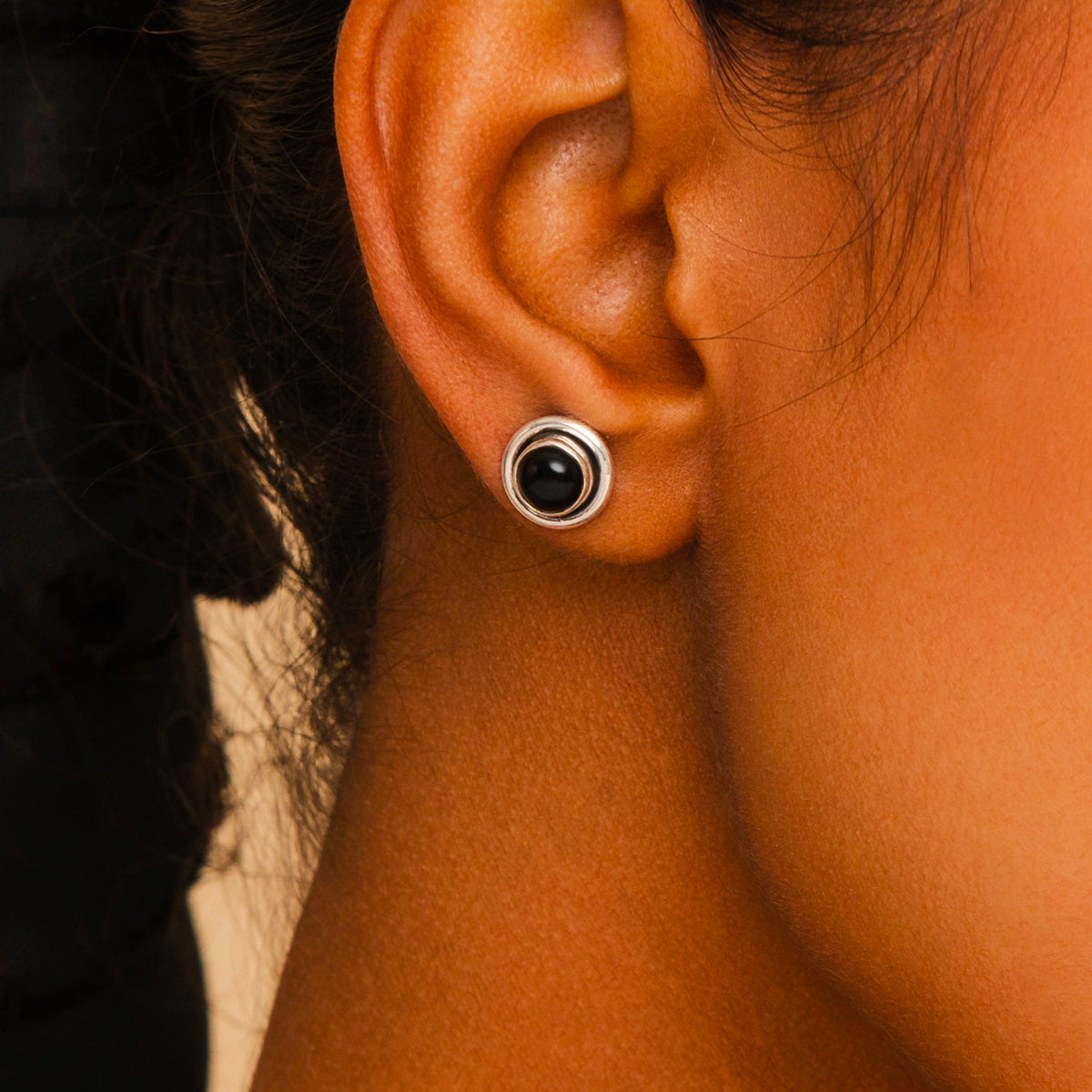 Dainty Black Round Gemstone Silver Stud Earrings for Women