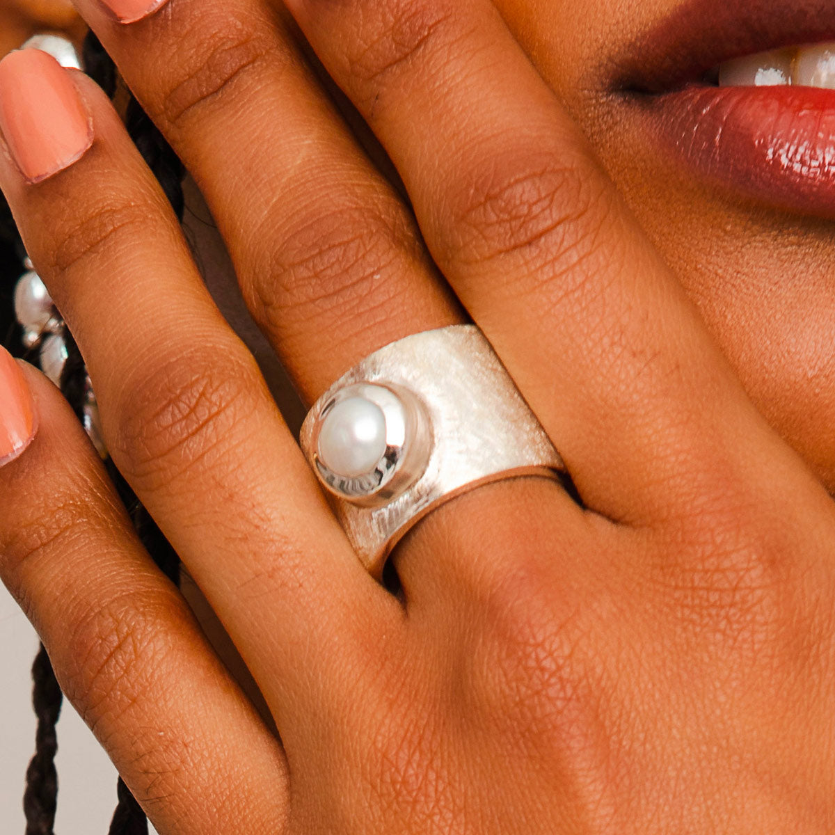 925 Silver White Pearl Statement Ring for Women